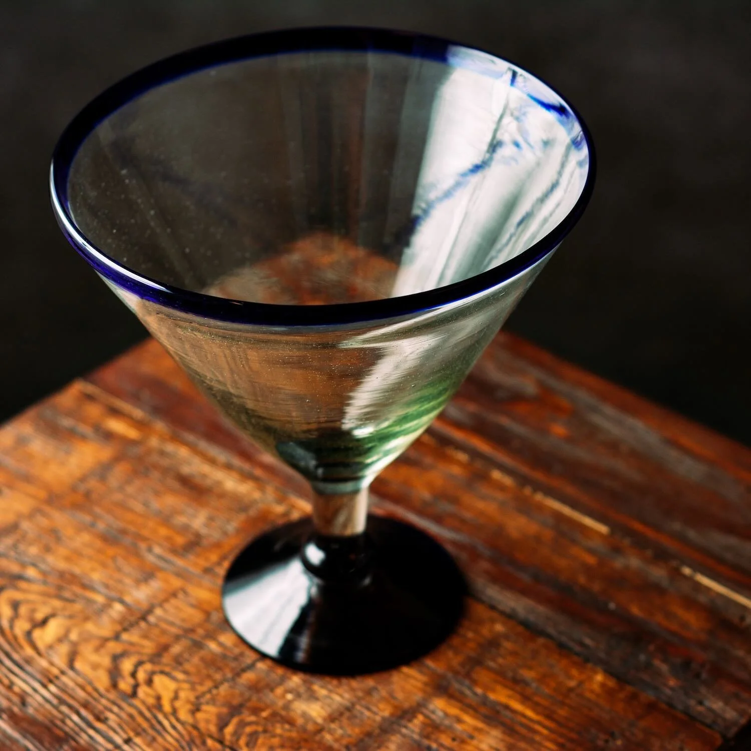 Set of four handmade Mexican Grande Azul handblown martini glasses with elegant artisan design.
