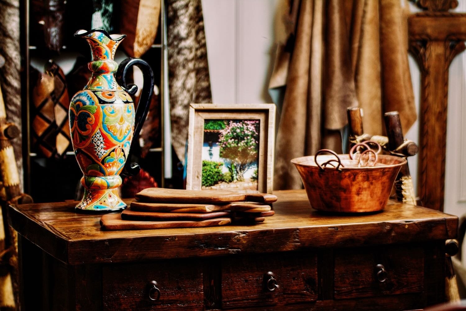 Rustic kitchen island and handmade decor from Mexico.