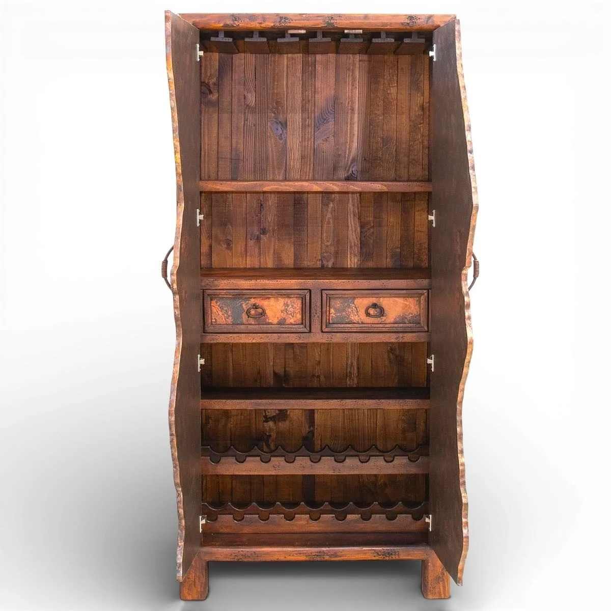 Handmade Mexican Volcán Copper Wine Cabinet with live edge hand-pounded copper doors, solid wood construction, and dark stained finish.