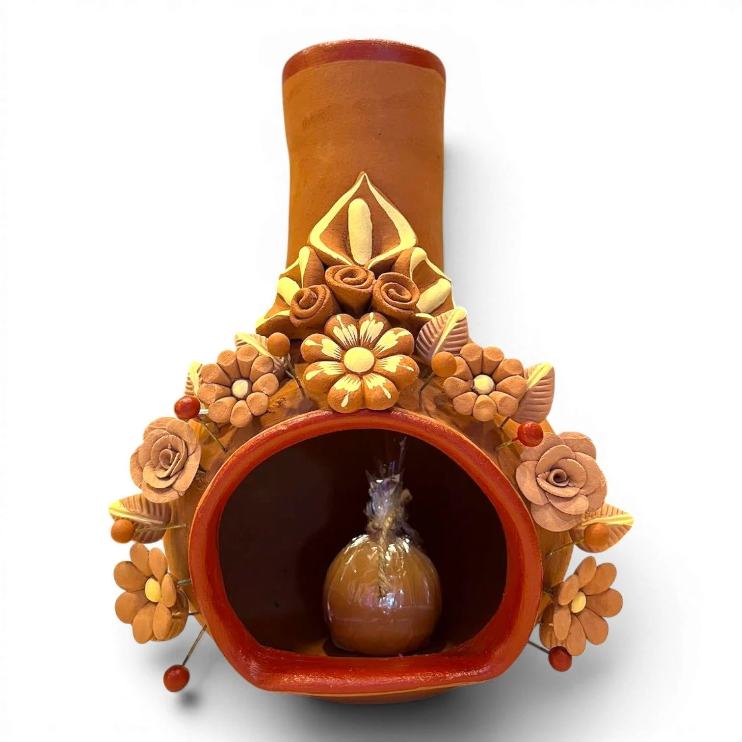 Handmade Mexican Clay Flower Chiminea with detailed floral design and neutral finish for tabletop décor.