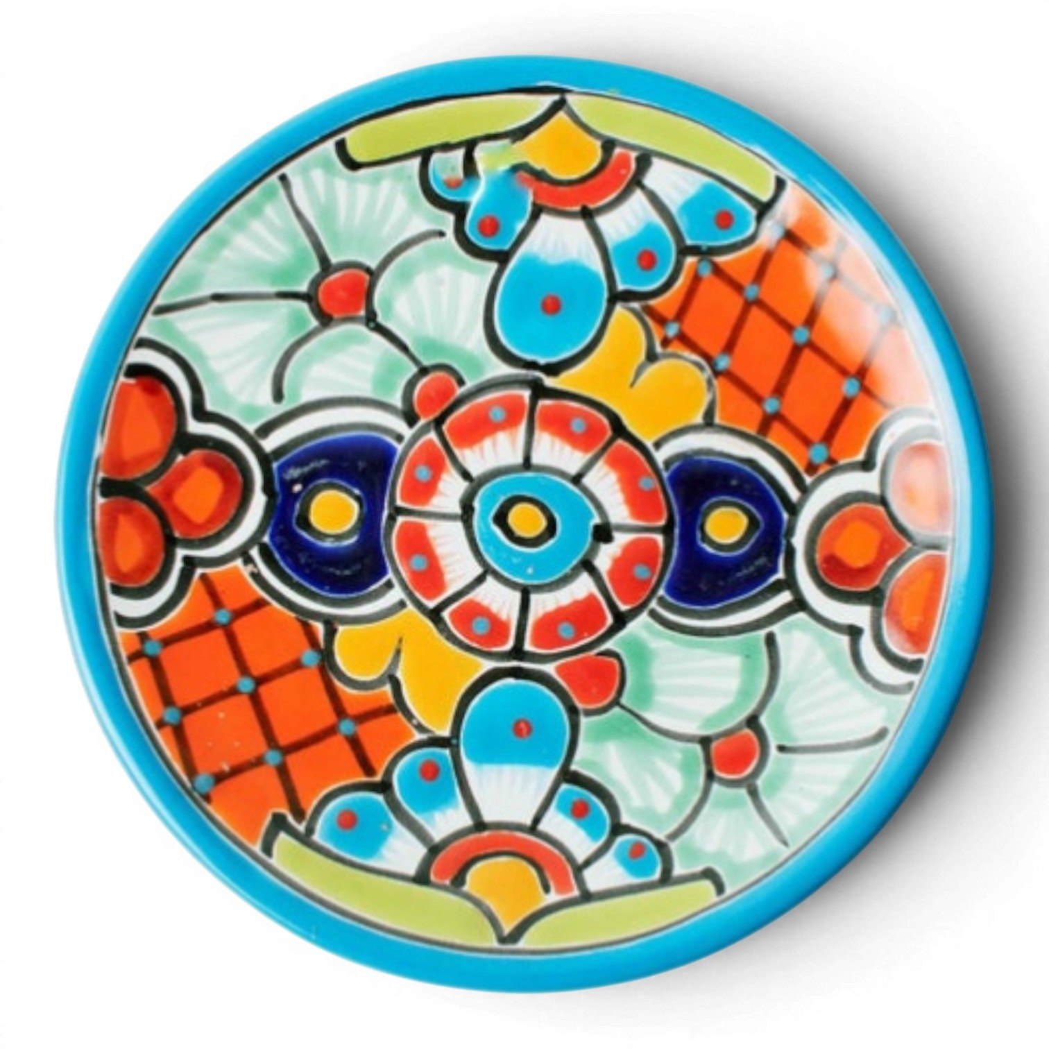 Handmade Mexican Talavera 8-inch dinner plate with colorful hand-painted design and assorted rim colors