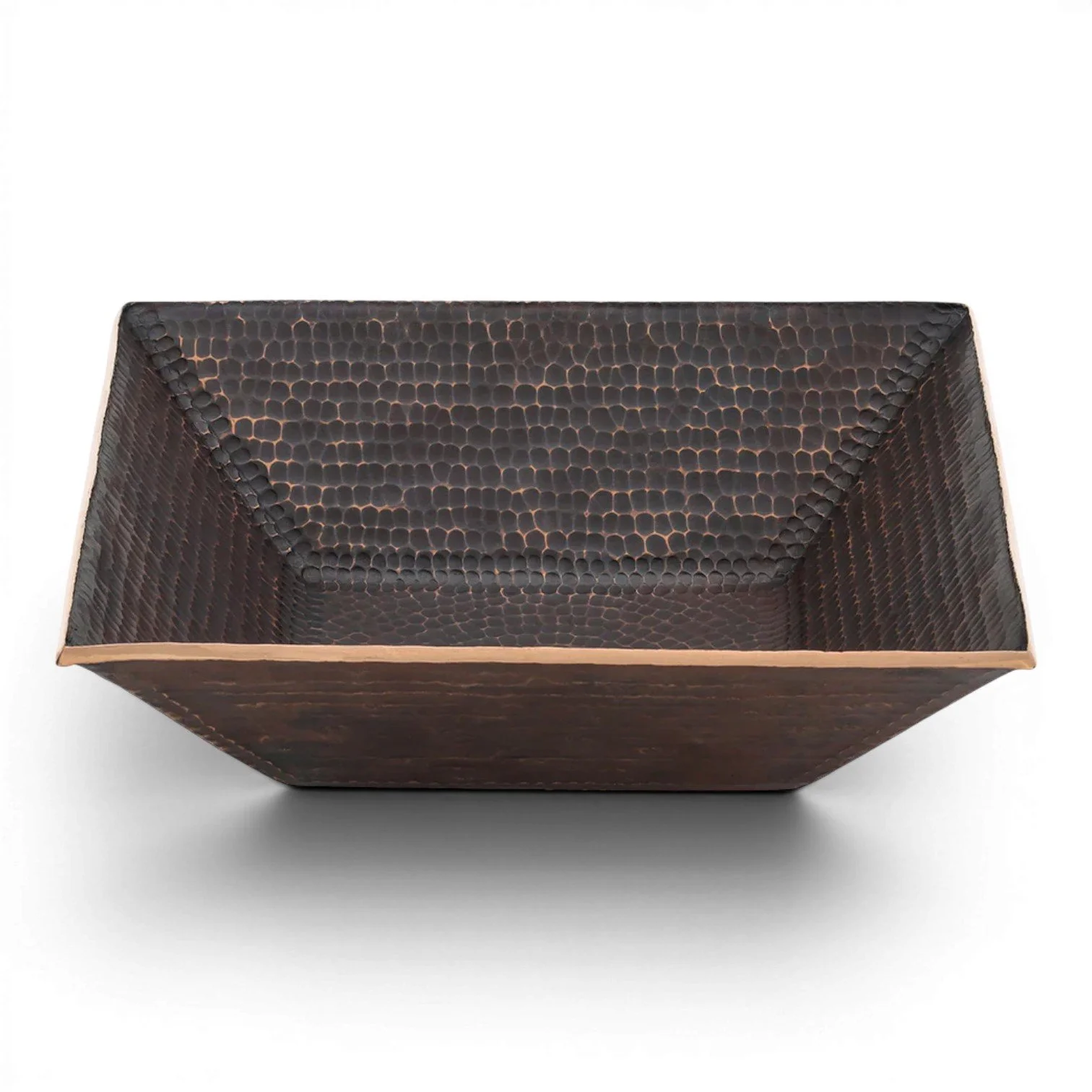 Hacienda Old World 14-inch square hand forged hammered copper vessel sink with oil rubbed bronze patina.