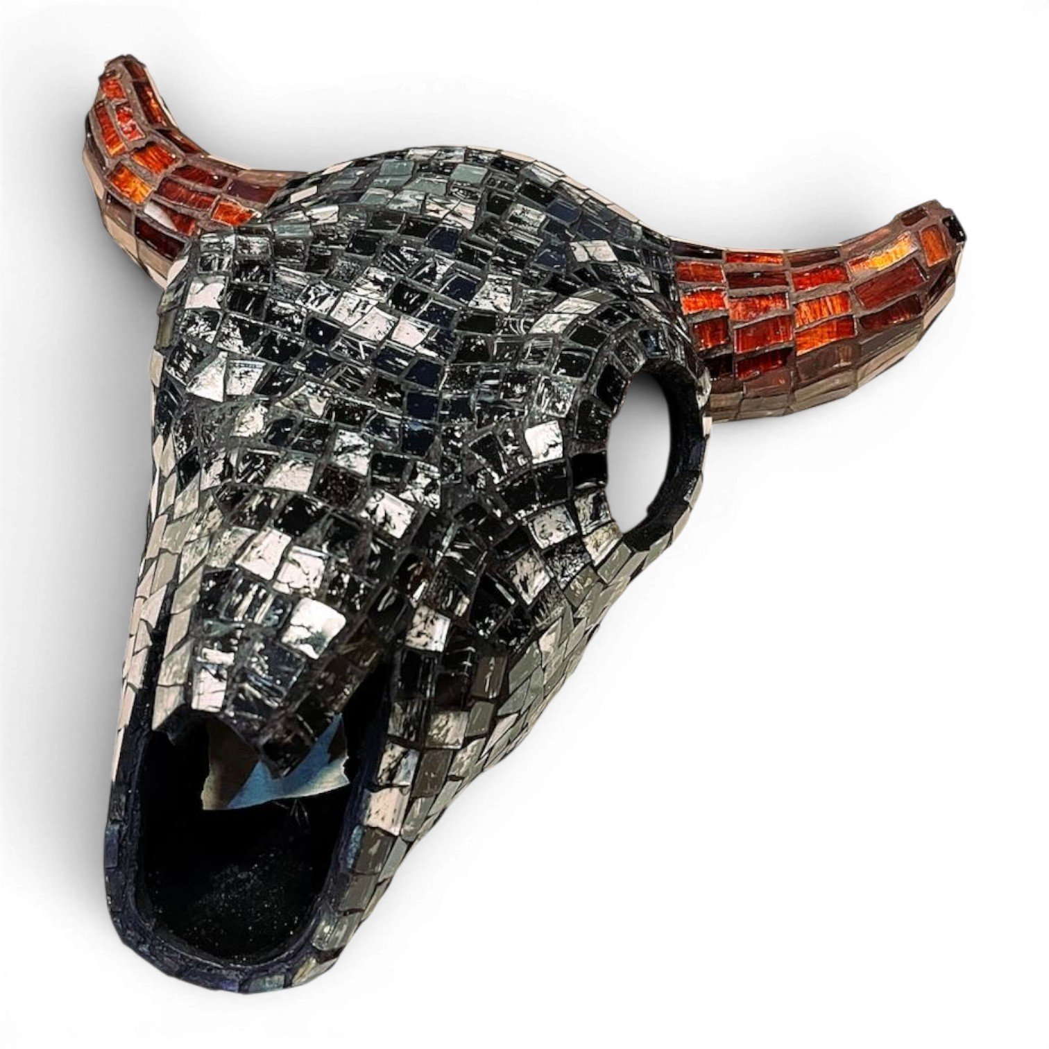 Handmade Mexican small mosaic cow skull with hand-formed clay and colorful glass tiles