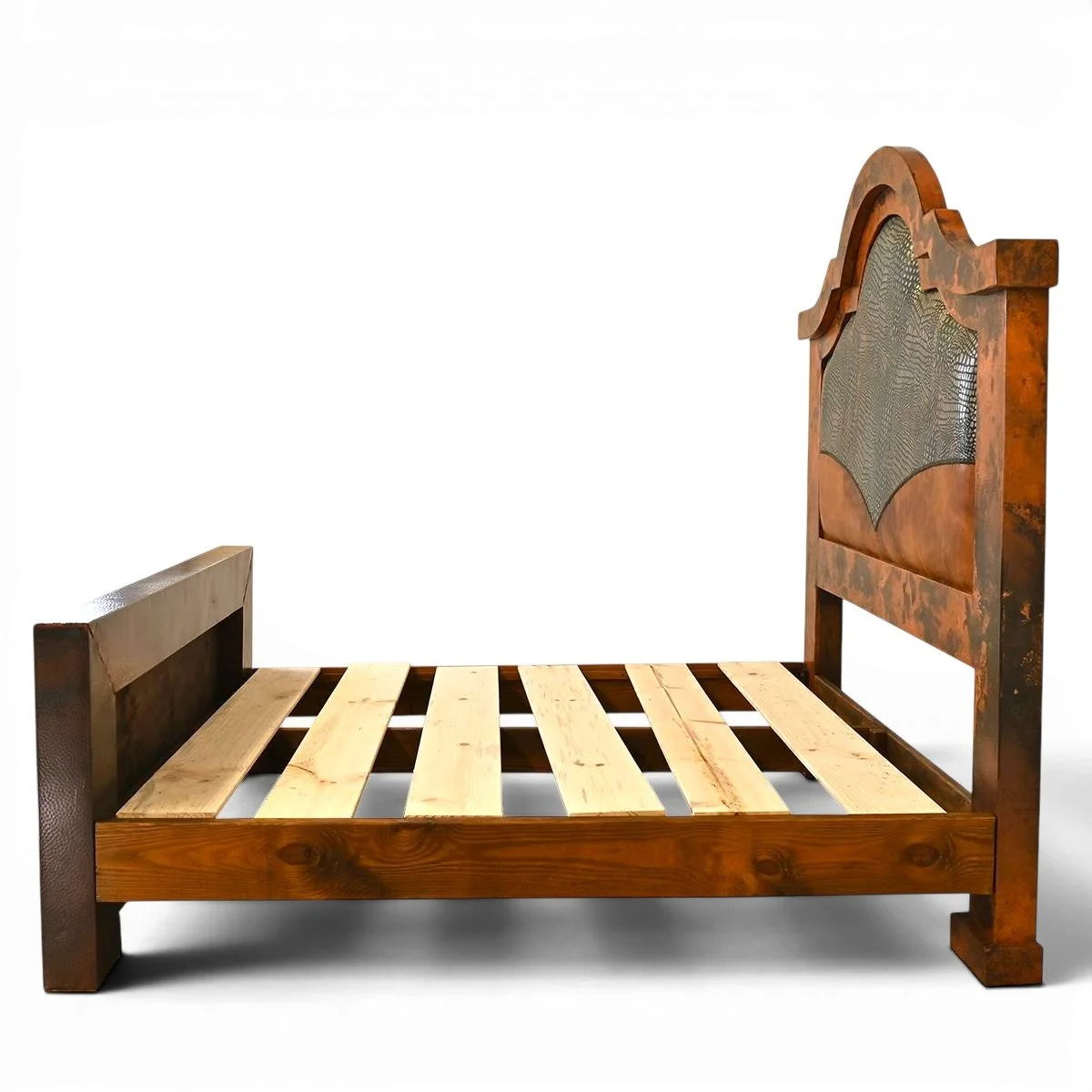 Luxury Chinook Hacienda Grande king bed with hand-pounded copper panels, croc leather accents, and arched headboard handcrafted in Mexico