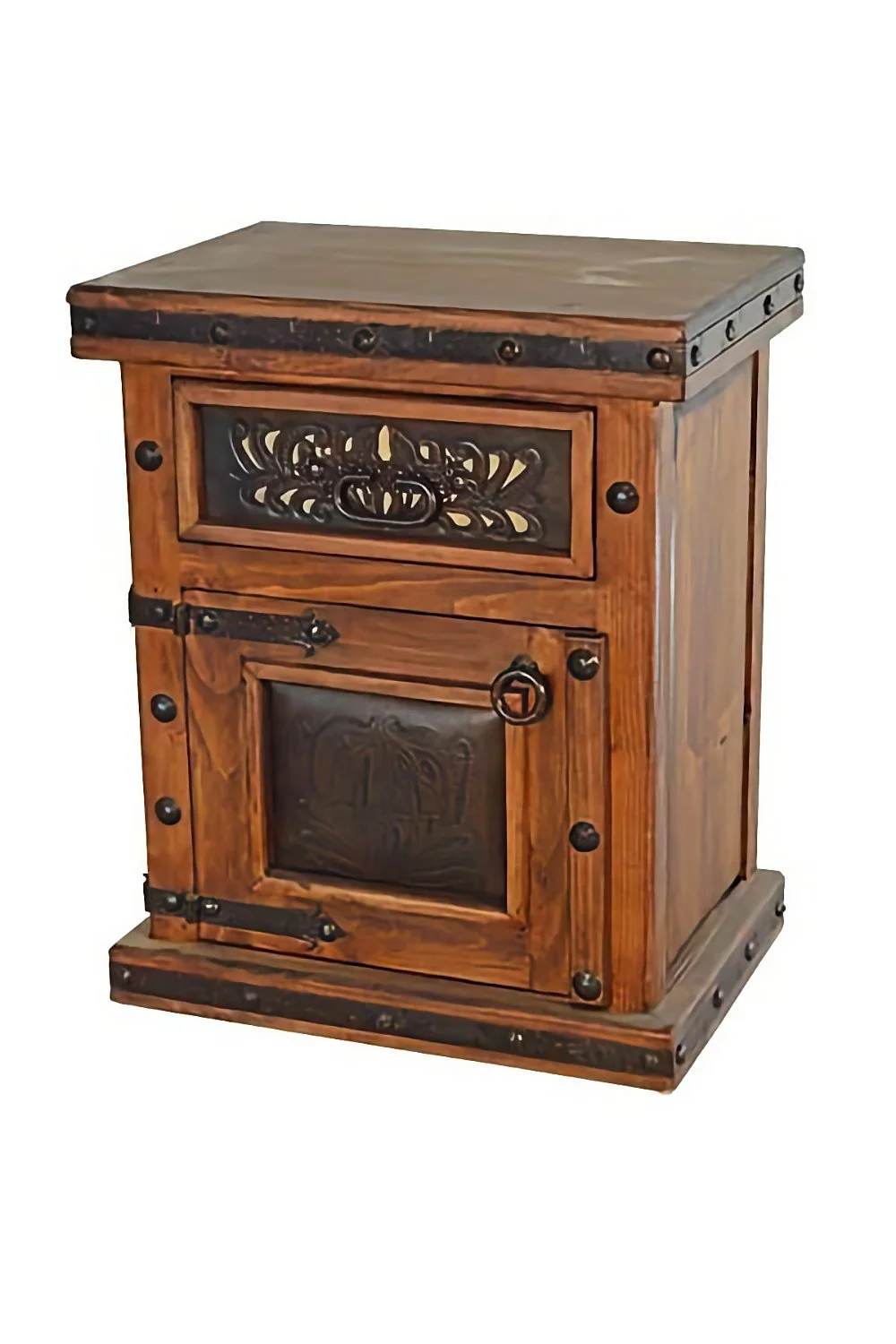Shop the Herradura Tooled Leather Nightstand handmade in Mexico. Solid wood nightstand with dark stain, tooled leather panels, iron trim, clavos, and rustic luxury bedside style.