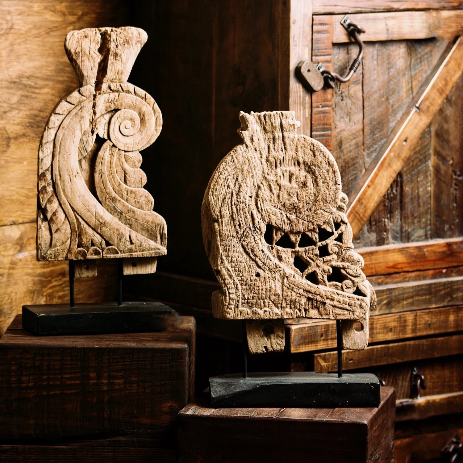 Hand carved art pieces and handmade wood furniture.