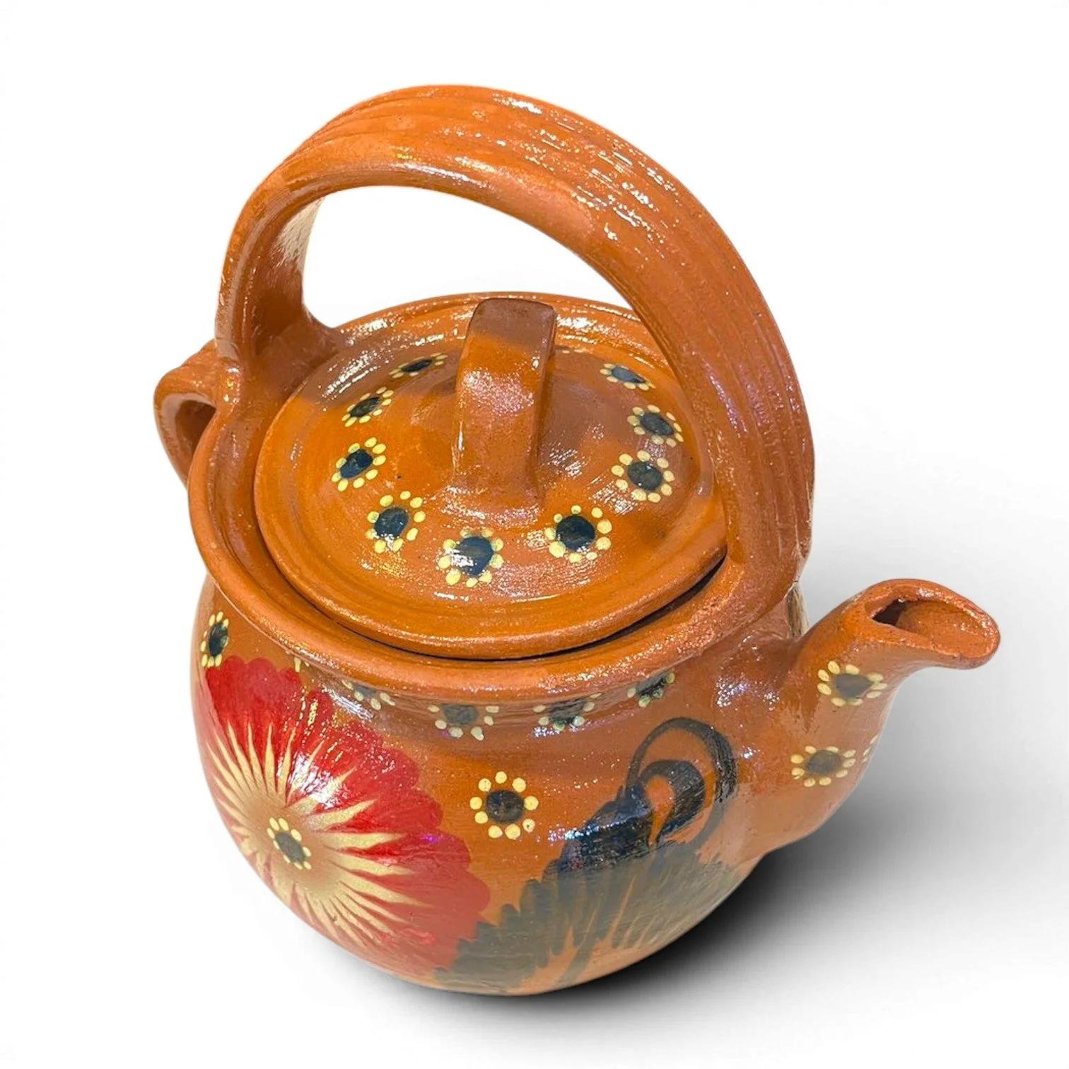 Handmade Mexican Cafetera de Barro clay coffee and tea pot with hand-painted floral design and glazed finish.