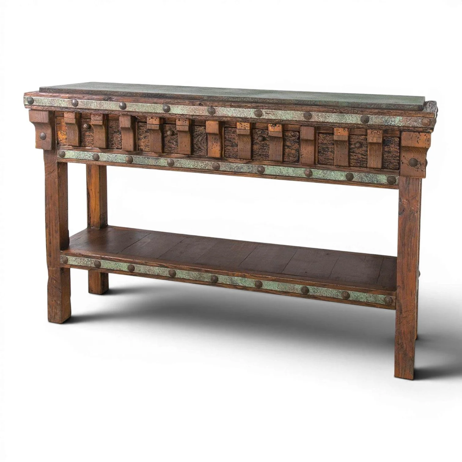 Handmade San Felipe copper sofa table with hand-pounded copper top, carved wood details, decorative clavos, and open shelf.