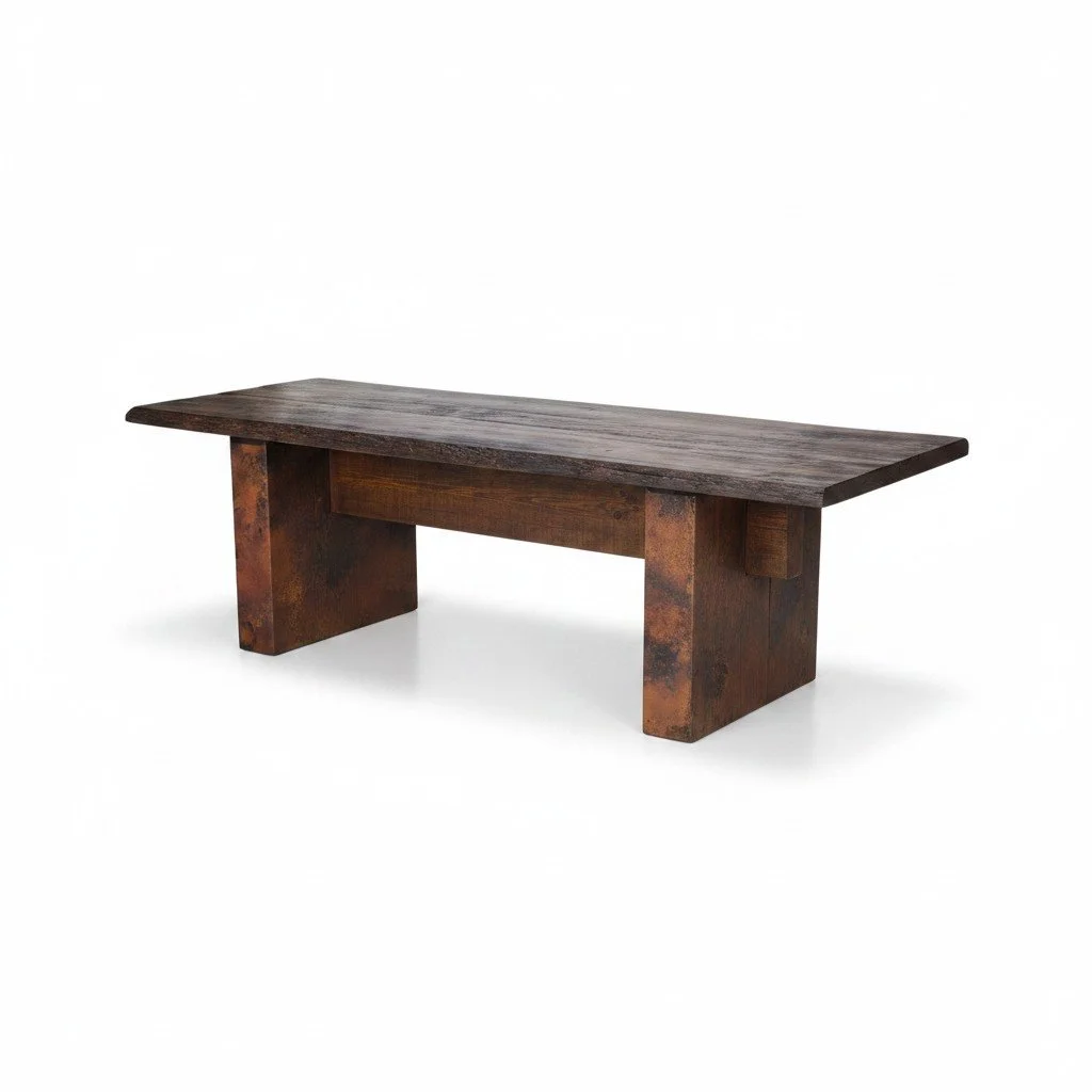 Handmade Guaymas dining table with distressed dark wood top and hand-pounded natural copper pedestal base crafted in Mexico.