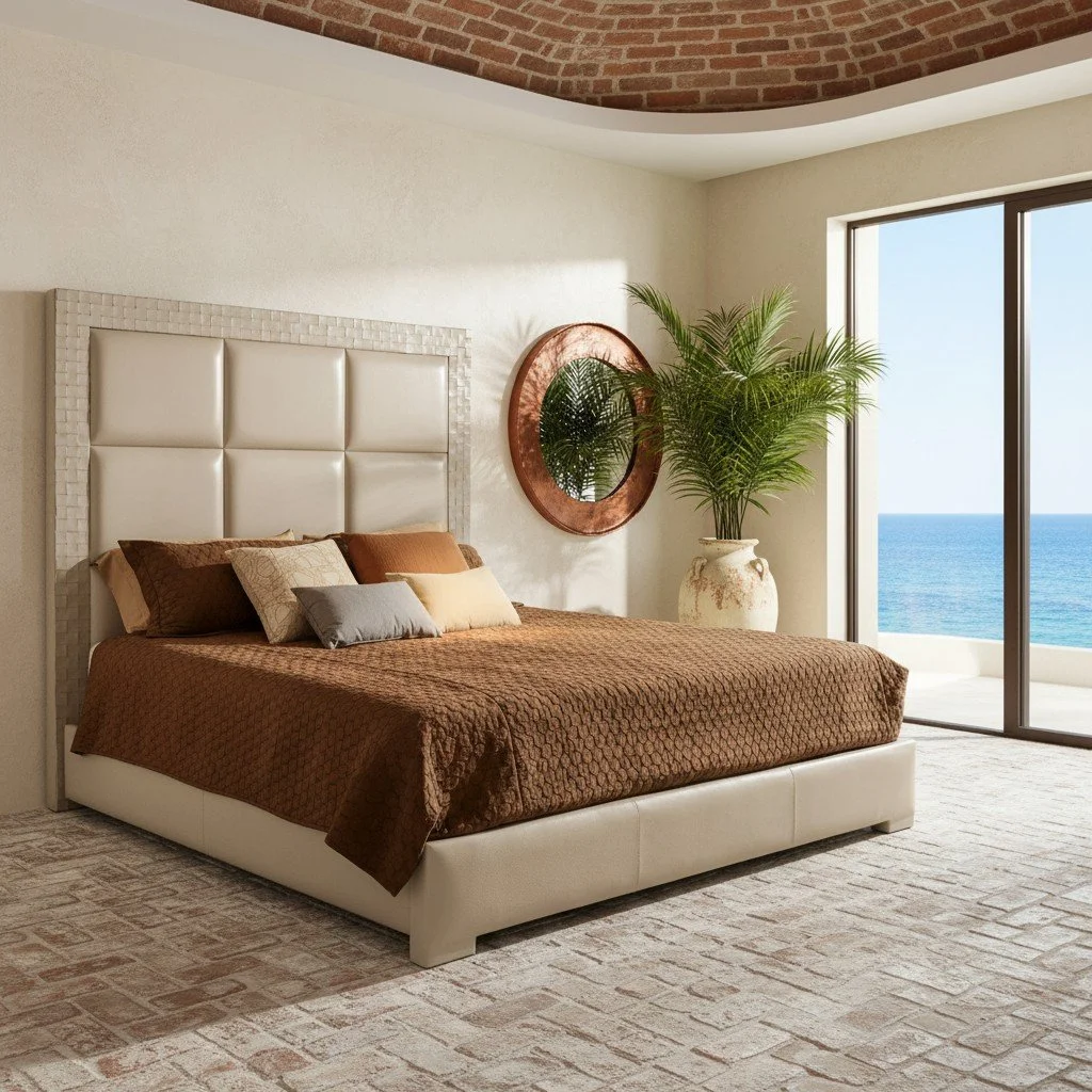 Handmade king bed with oversized leather headboard and woven leather border