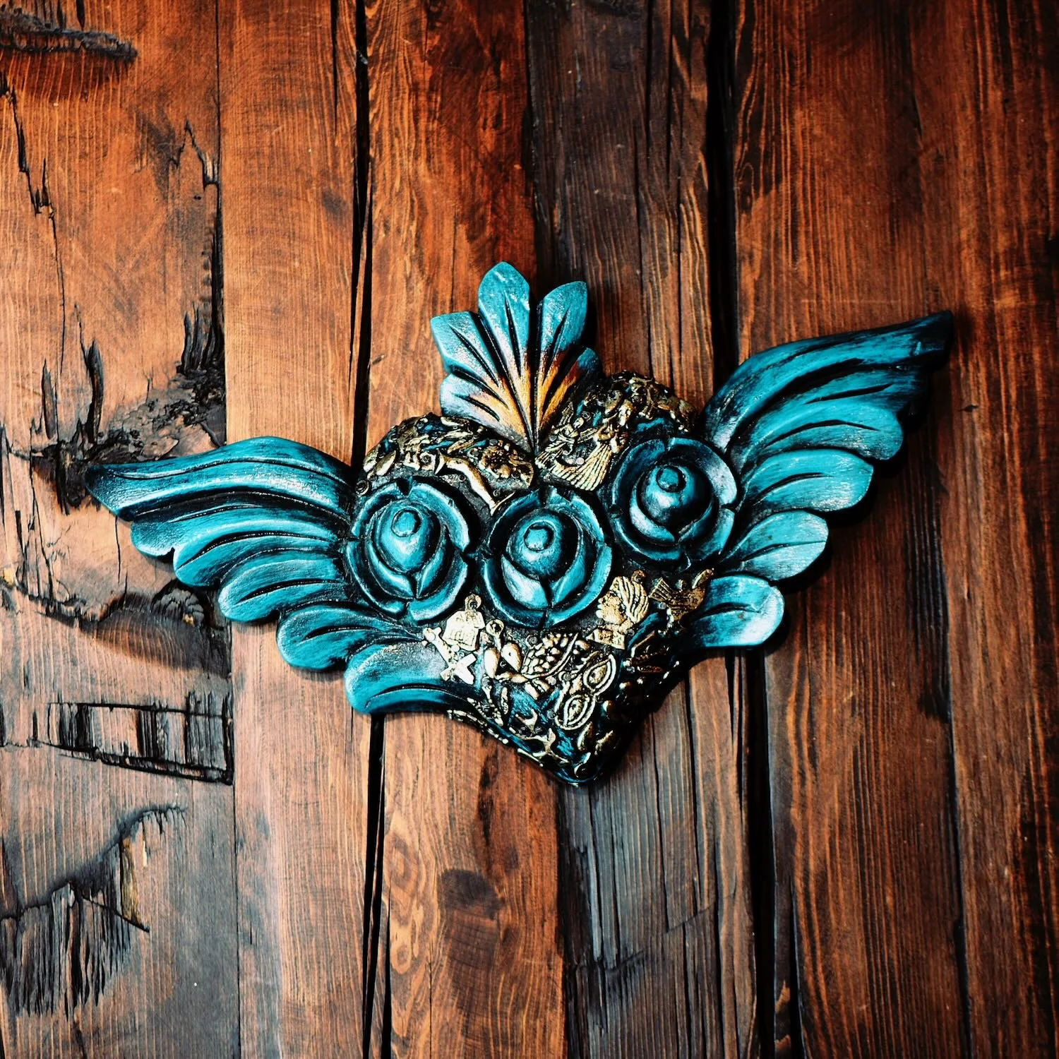 Hand Carved Milagros Sacred Heart in Beautiful Blue