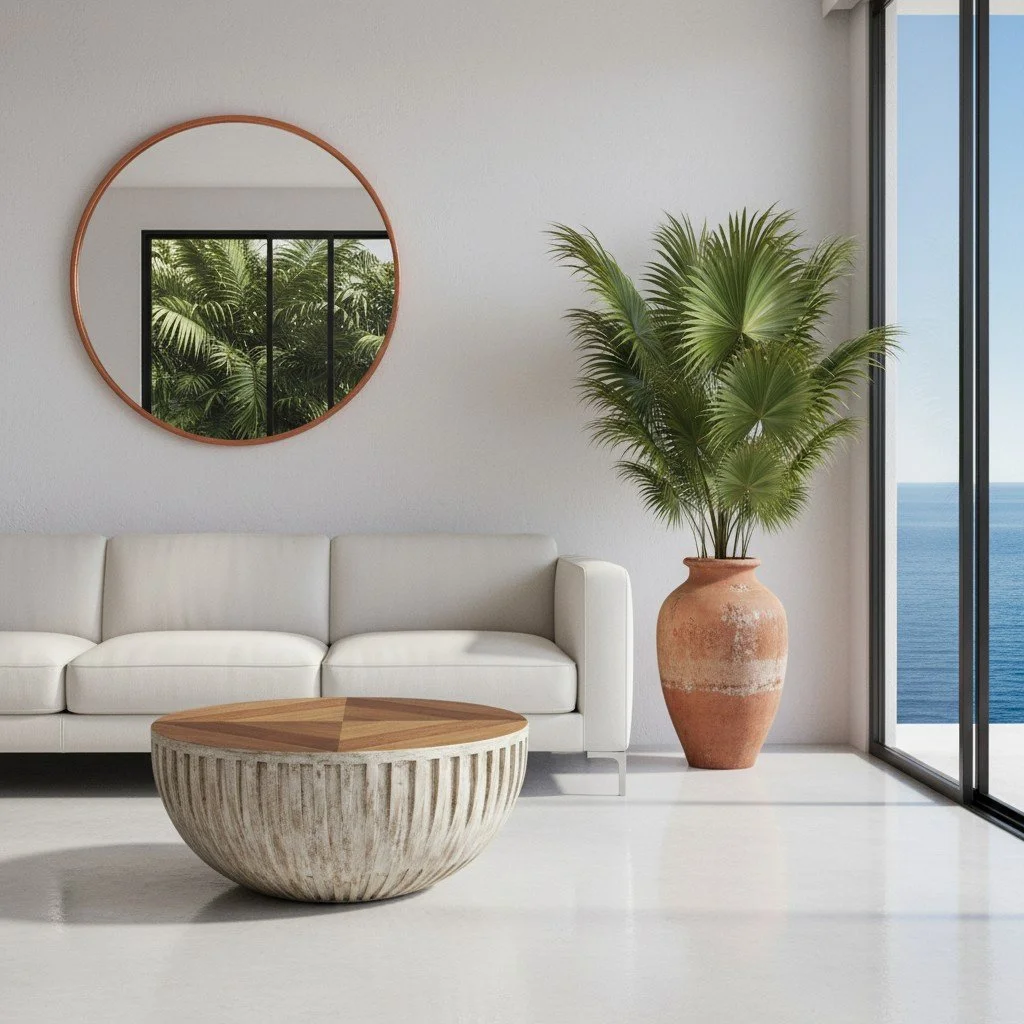 Handmade round coffee table with parquet wood top and silver leaf ribbed base