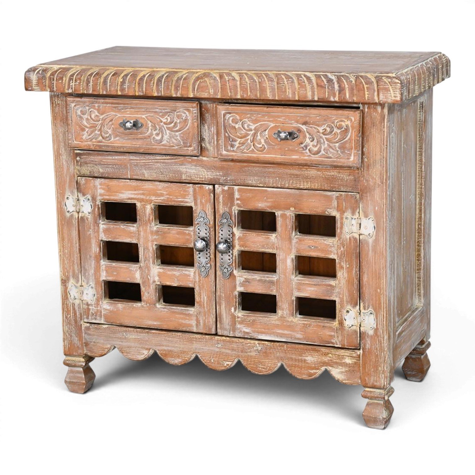 Handmade Klondike whitewashed cabinet with hand-carved details, glass panel doors, and decorative iron hardware.