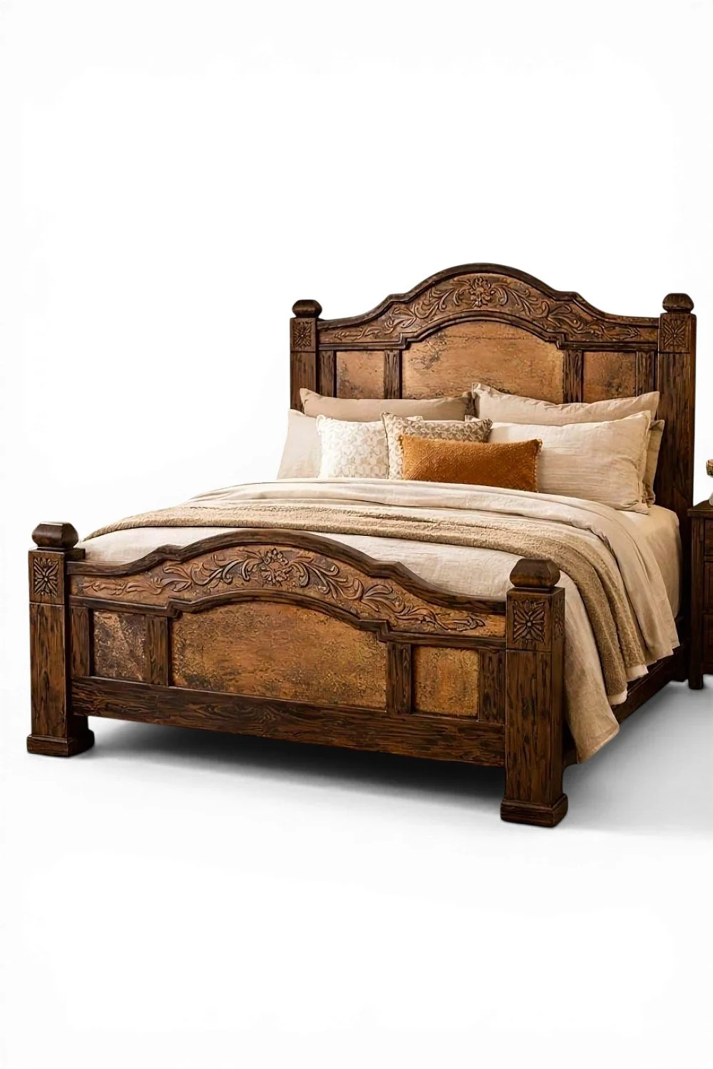 Shop a handmade copper bed from Mexico. Rustic wood frame with embossed copper panels and artisan craftsmanship for elegant bedrooms.
