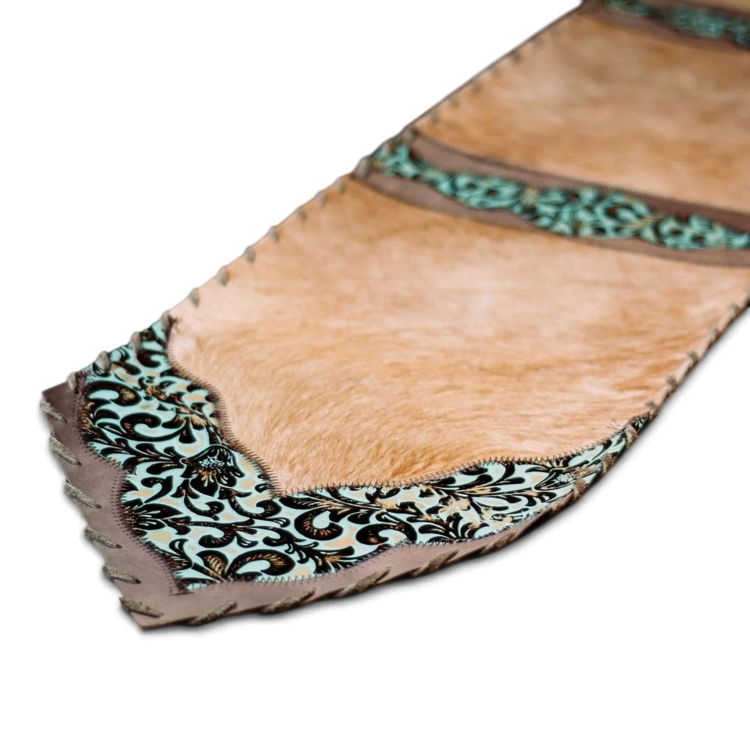 Handmade Brazilian cowhide table runner with tooled leather.