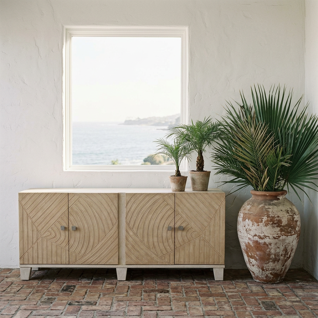 Handmade wood buffet with cream leather doors and carved geometric pattern