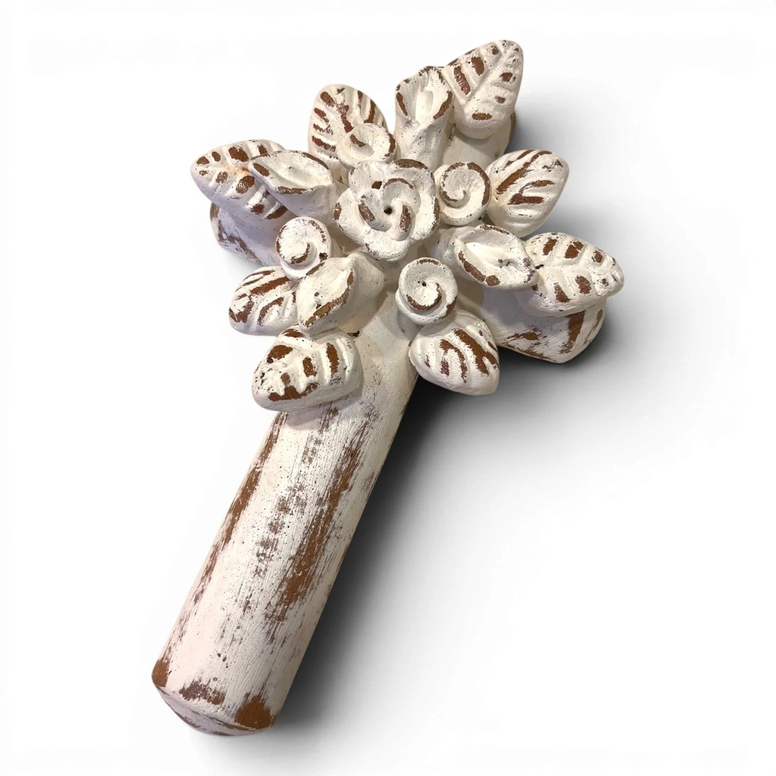 Handmade Mexican distressed white clay cross with flower motif wall décor