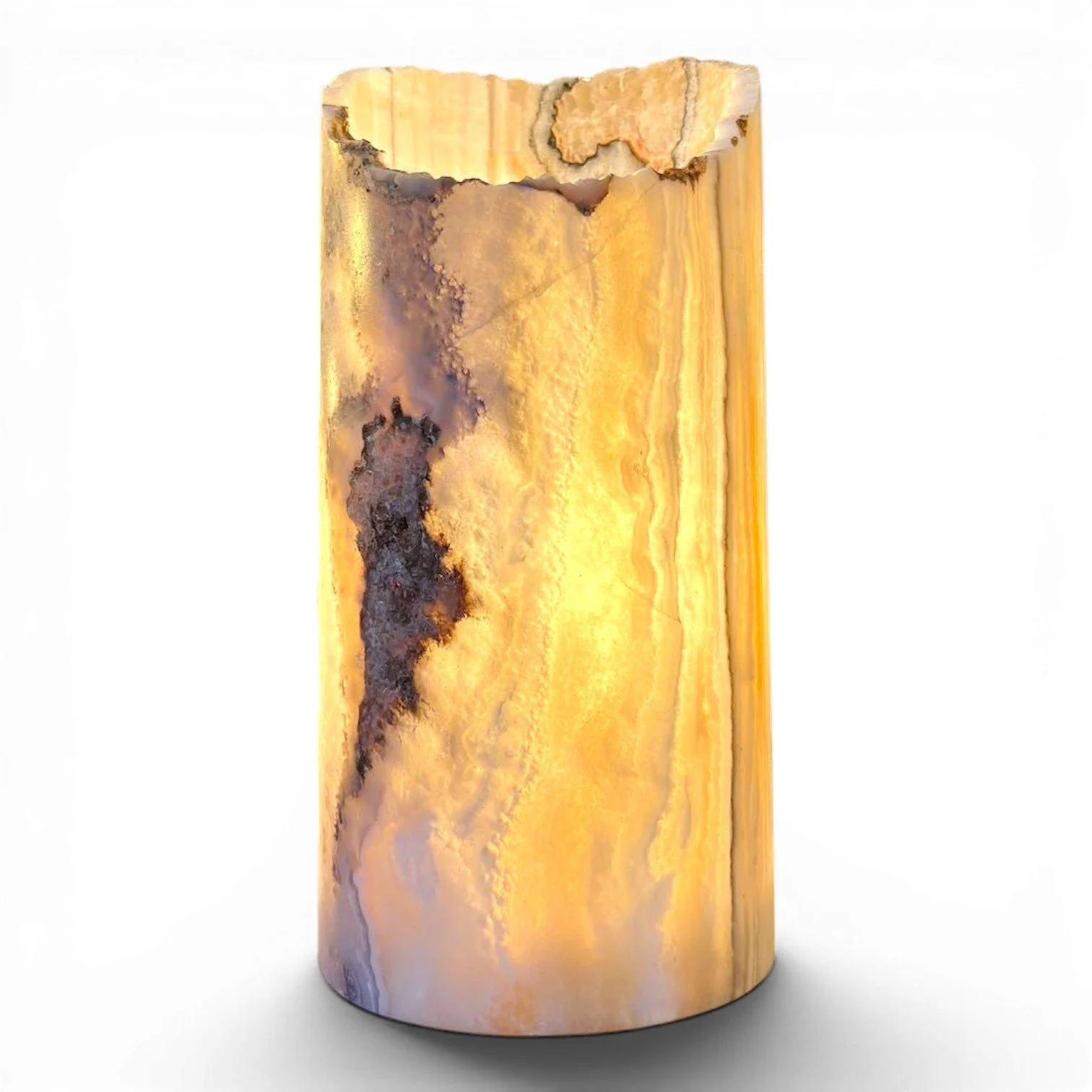 Handmade Mexican scalloped cylinder onyx lamp with warm glowing stone and coastal luxury design