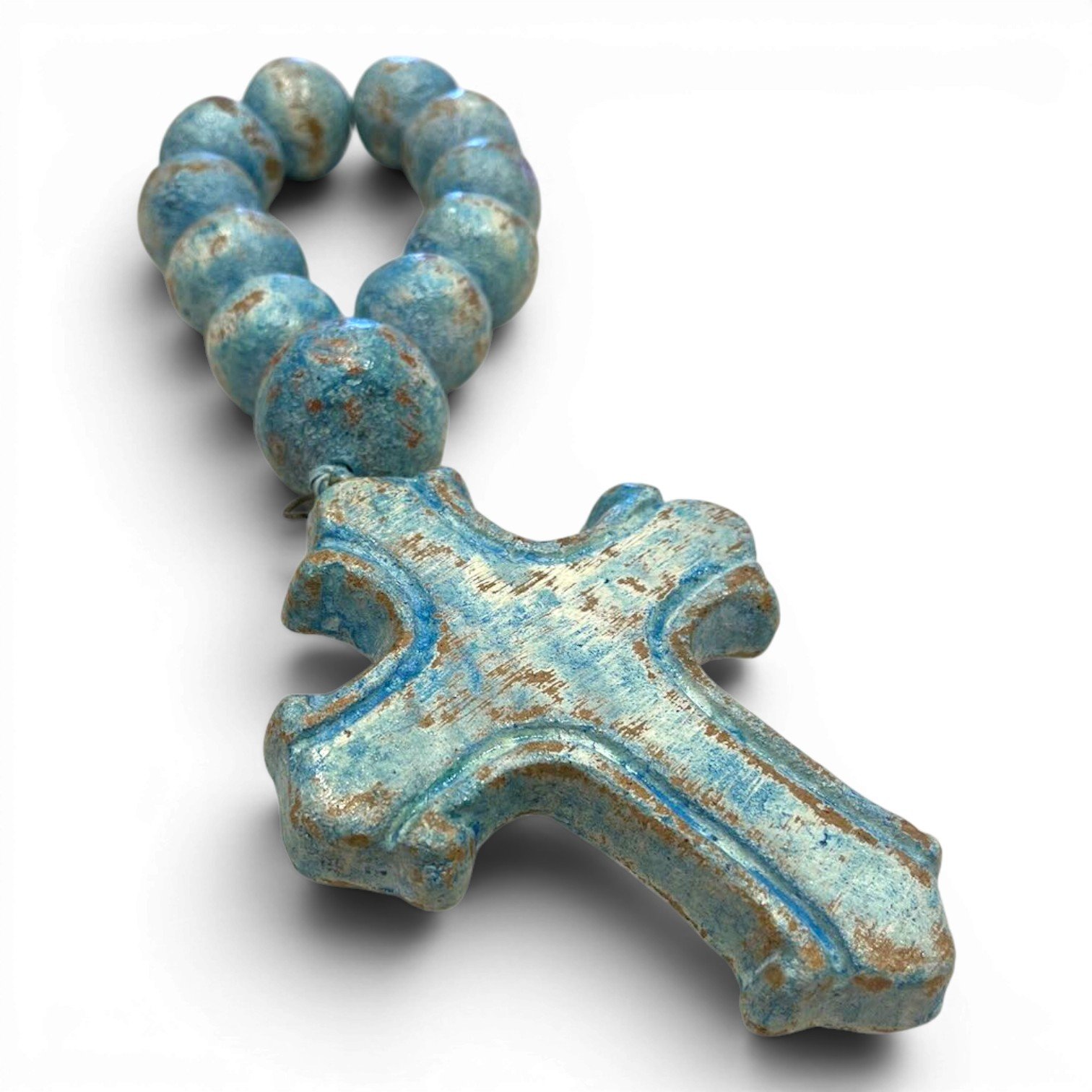 Handmade clay Rosario Corto decorative rosary with distressed white, turquoise, and blue finish crafted in Mexico.