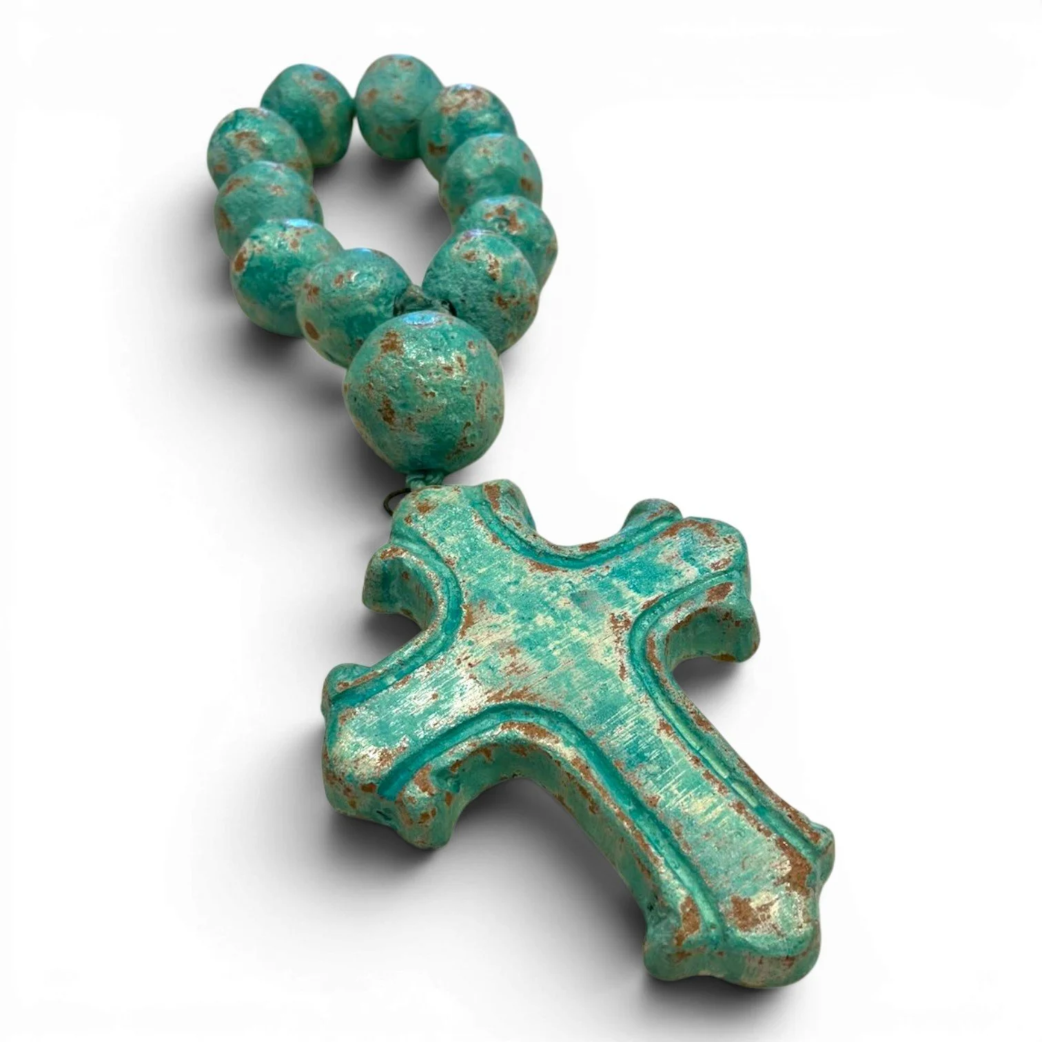Handmade clay Rosario Corto decorative rosary with distressed white, turquoise, and blue finish crafted in Mexico.