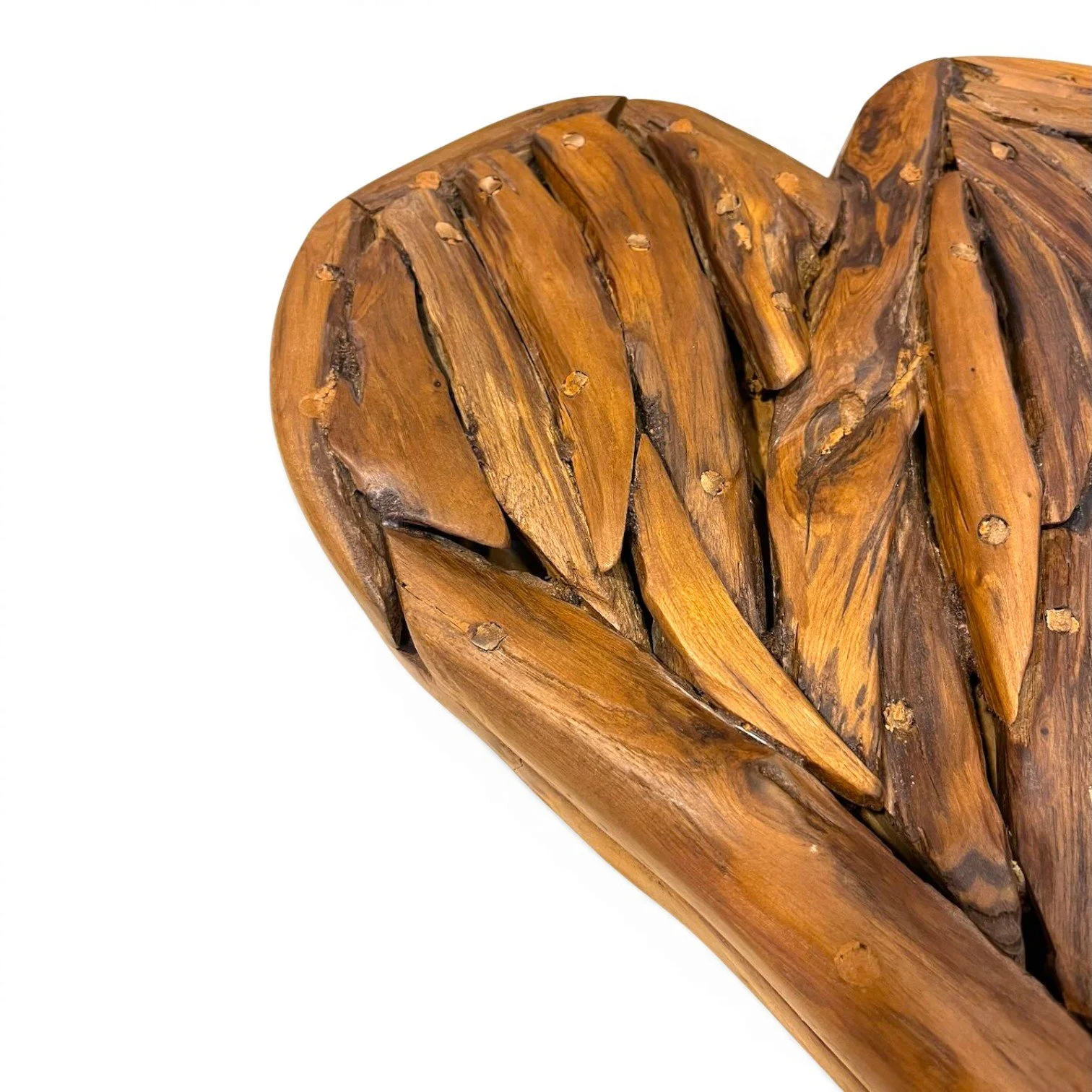 Handmade Indian teak driftwood heart wall art with dark stained finish and natural rustic wood texture.