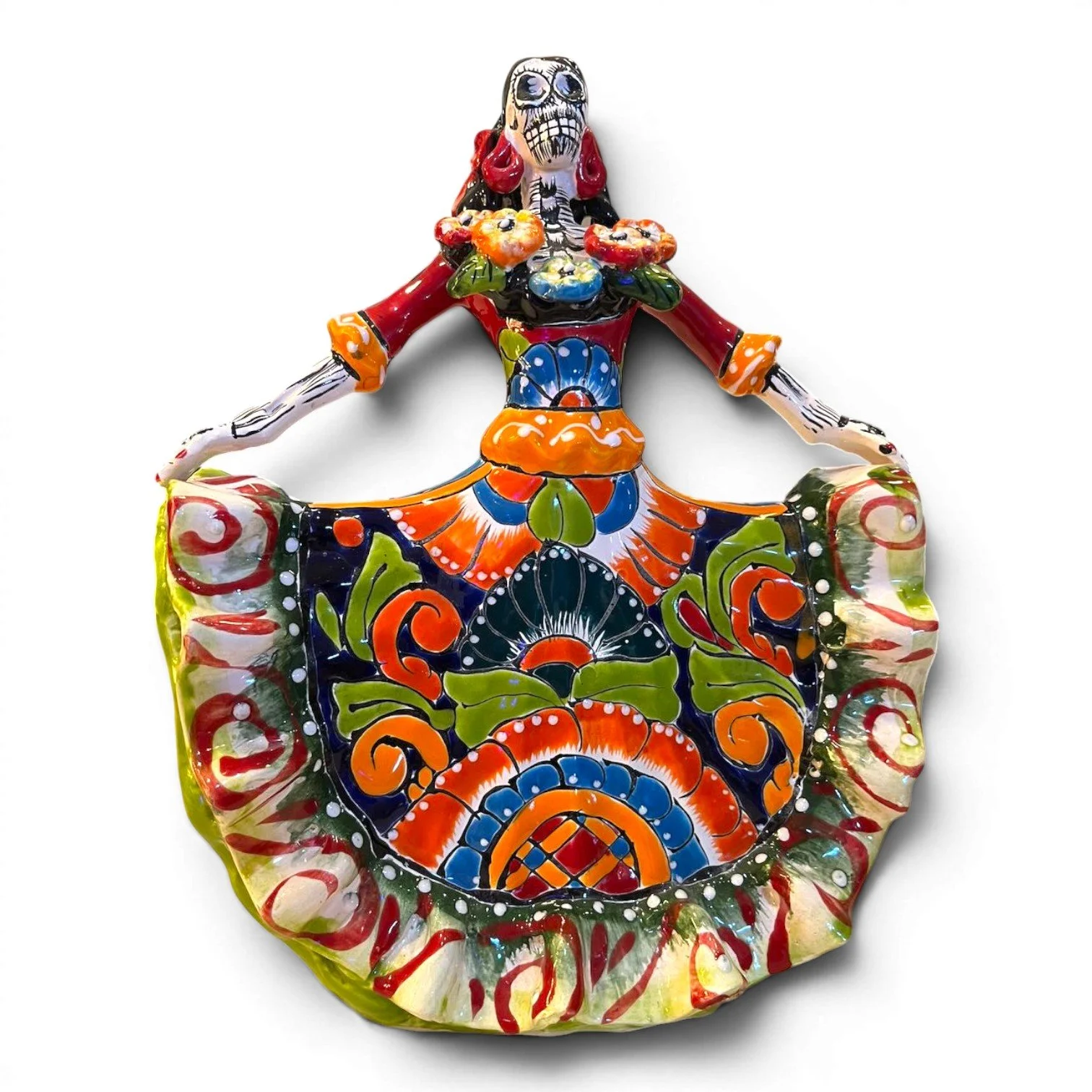 Handmade Talavera Catrina figurine with vibrant flowing dress