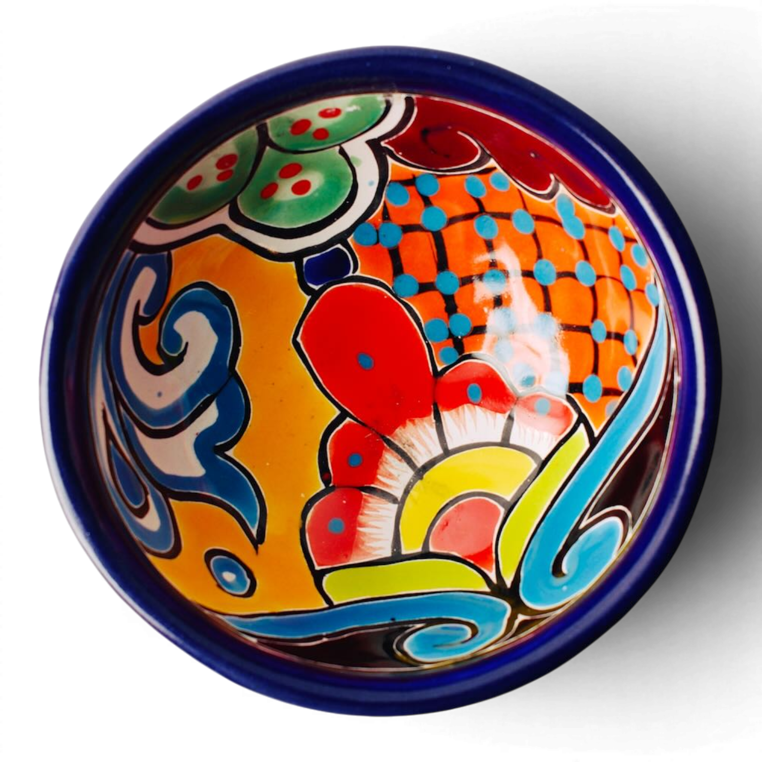 Handmade Mexican Talavera molcajete bowl with colorful hand-painted design and three-legged base