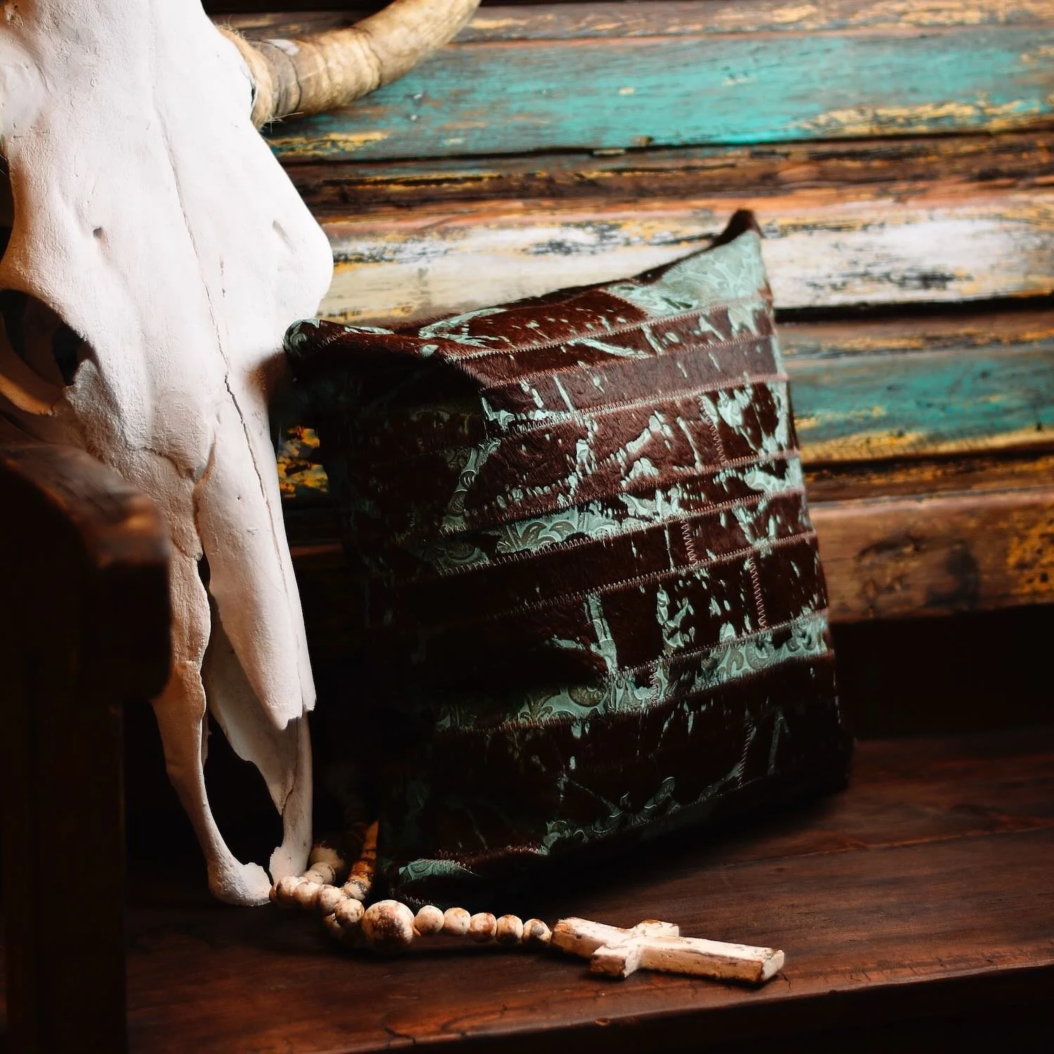 Handmade Brazilian Tombstone Pillow featuring cowhide and leather Western design, 18x18 decorative throw pillow.