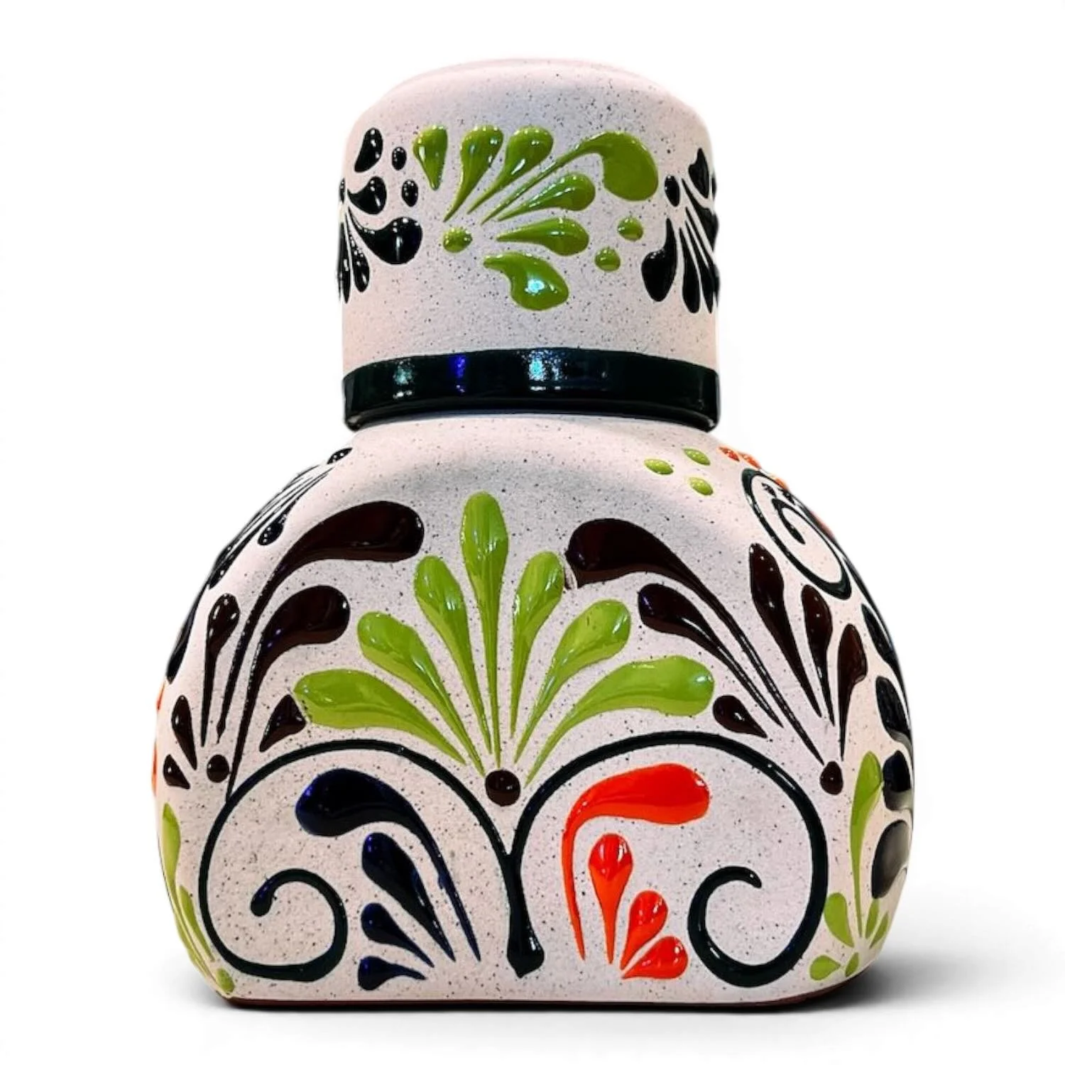 Handmade Mexican stone tequila bottle and matching shot cup with colorful hand-painted design