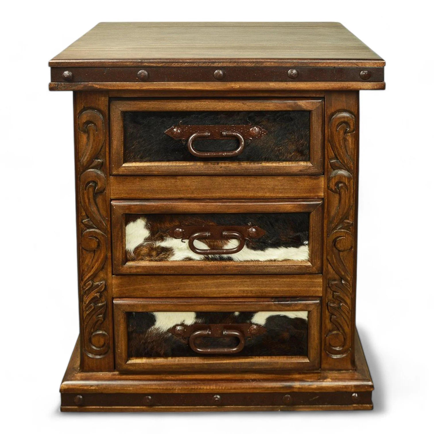 Hacienda Carved & Cowhide Nightstand
