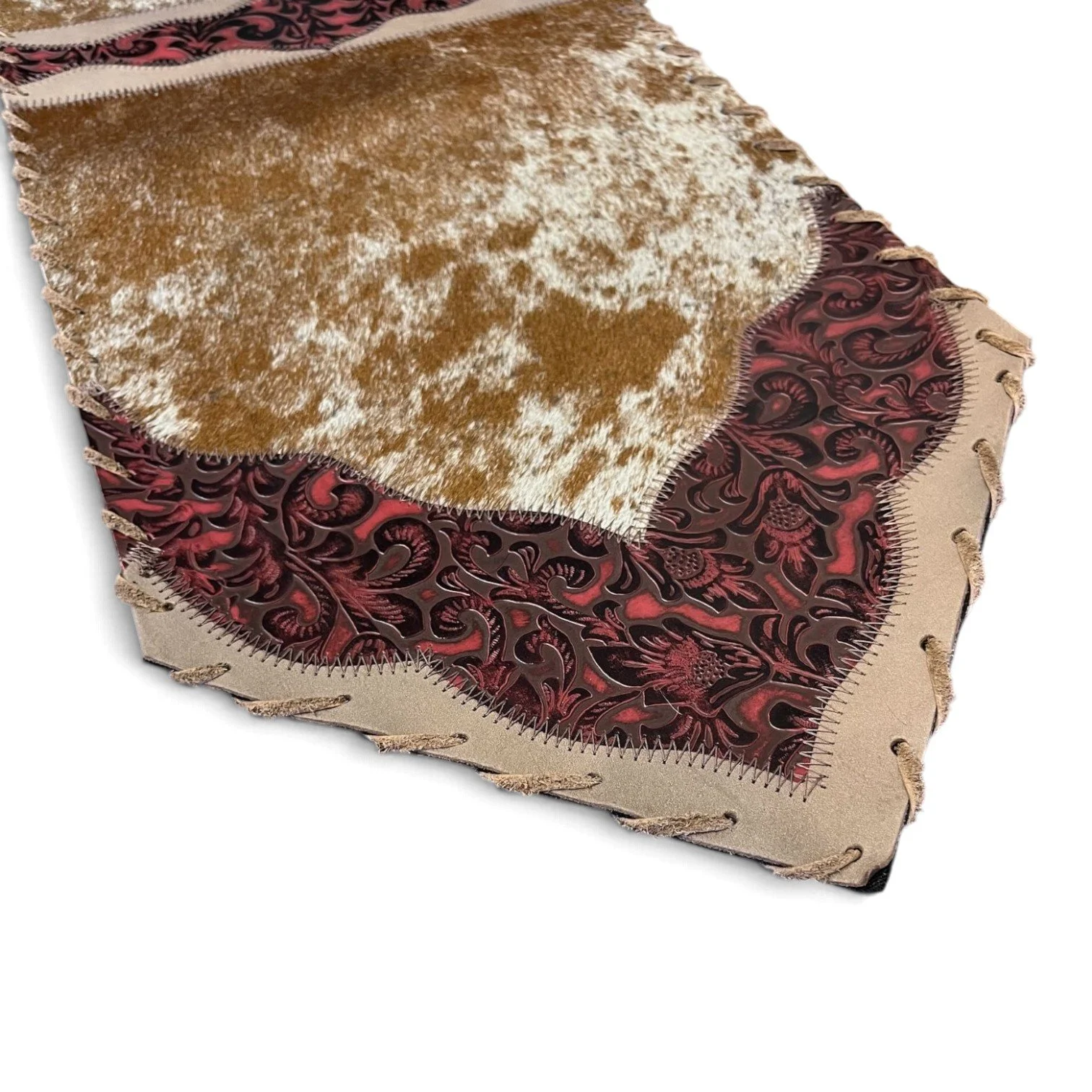 Handmade Brazilian cowhide table runner with tooled leather. - Sixteen