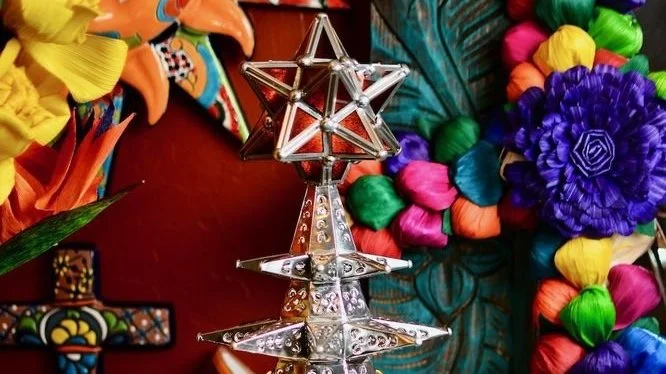 Handmade traditional silver lighted Christmas tree with colored marbles and star topper crafted in Mexico.