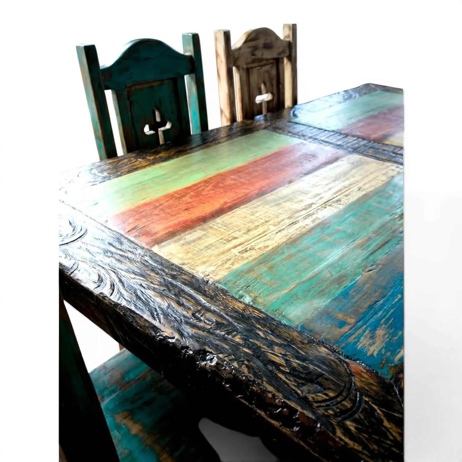 Handmade Mexican reclaimed wood dining table with hand-painted top and trestle base