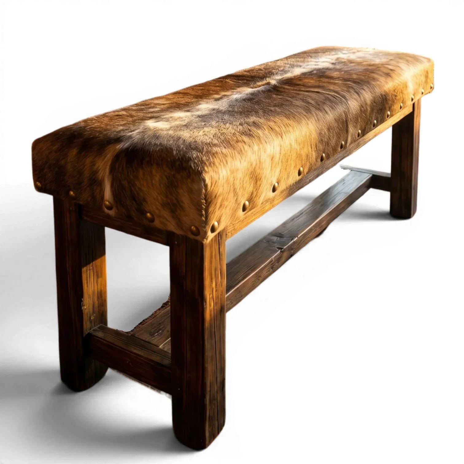 Handmade Mexican reclaimed wood bench with genuine cowhide seat