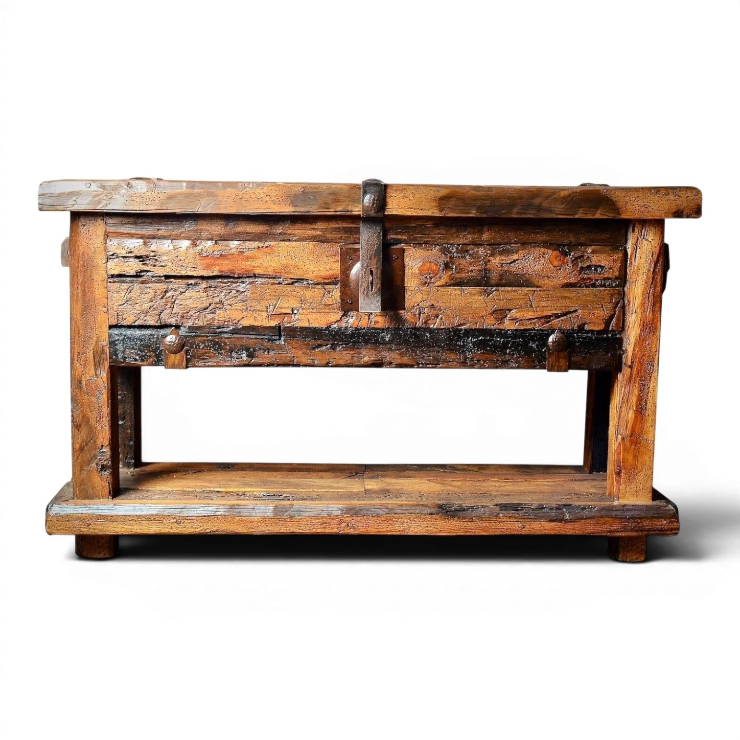 Handmade Mexican reclaimed wood sofa table trunk with iron hardware and clavos