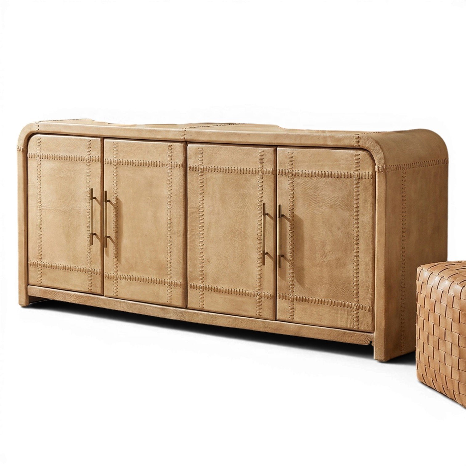 Handmade Yazmin Leather Buffet from Peru featuring leather-wrapped doors, artisan stitching, and spacious concealed storage.