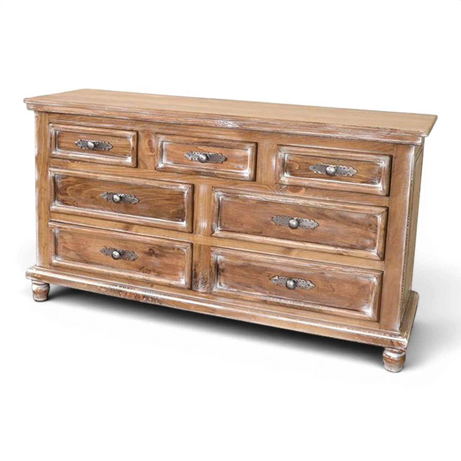 Handmade Mexican Arenas Blancas dresser with coastal white washed finish and metal hardware