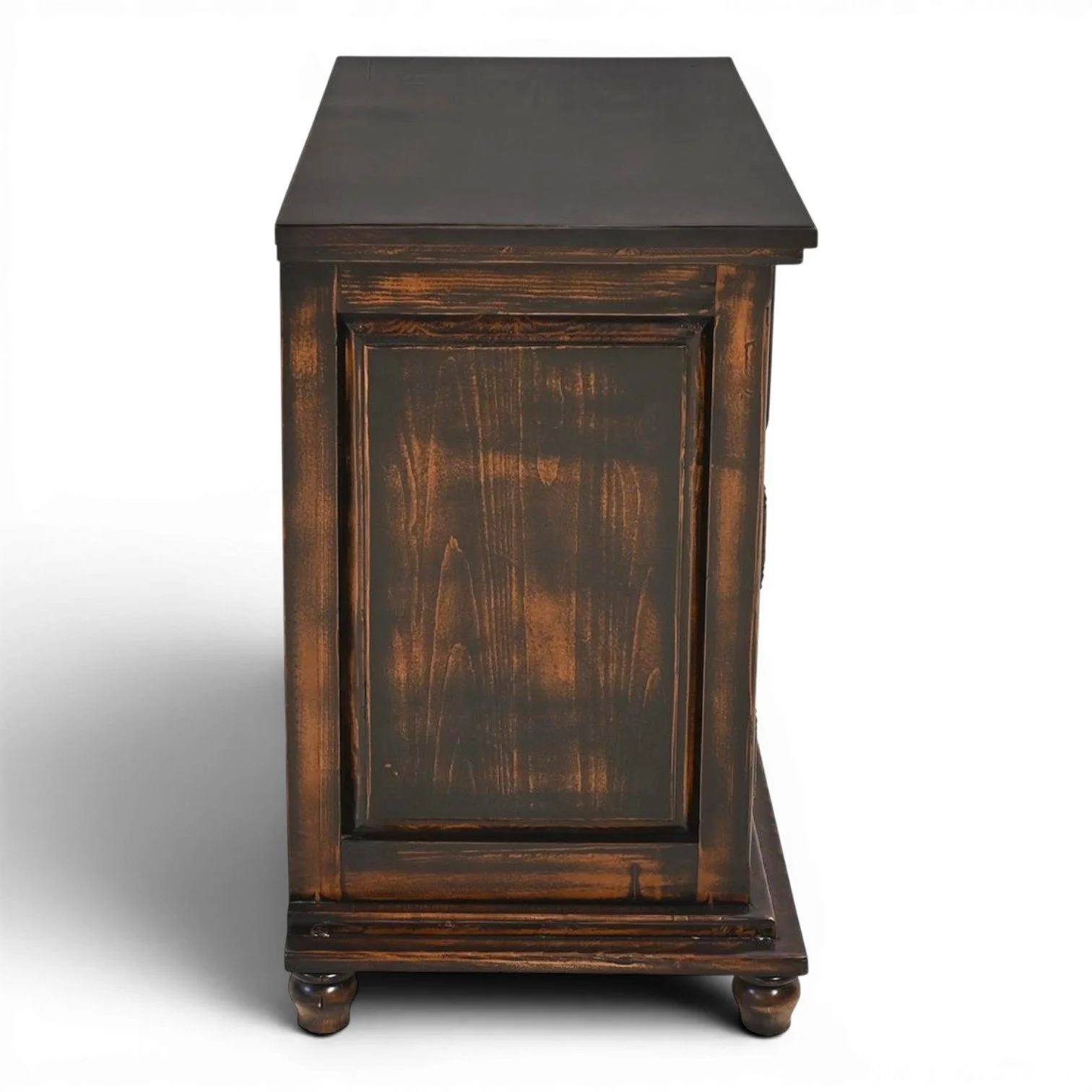 Handmade Mexican Arenas Negras two drawer nightstand with black washed finish and iron hardware