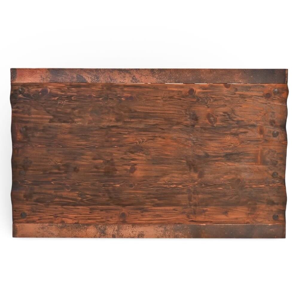 Handmade Floresville copper edge coffee table with A-frame base, distressed wood top, and clavos accents.