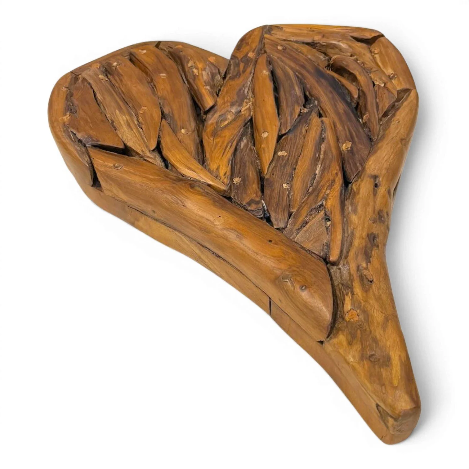 Handmade Indian teak driftwood heart wall art with dark stained finish and natural rustic wood texture.