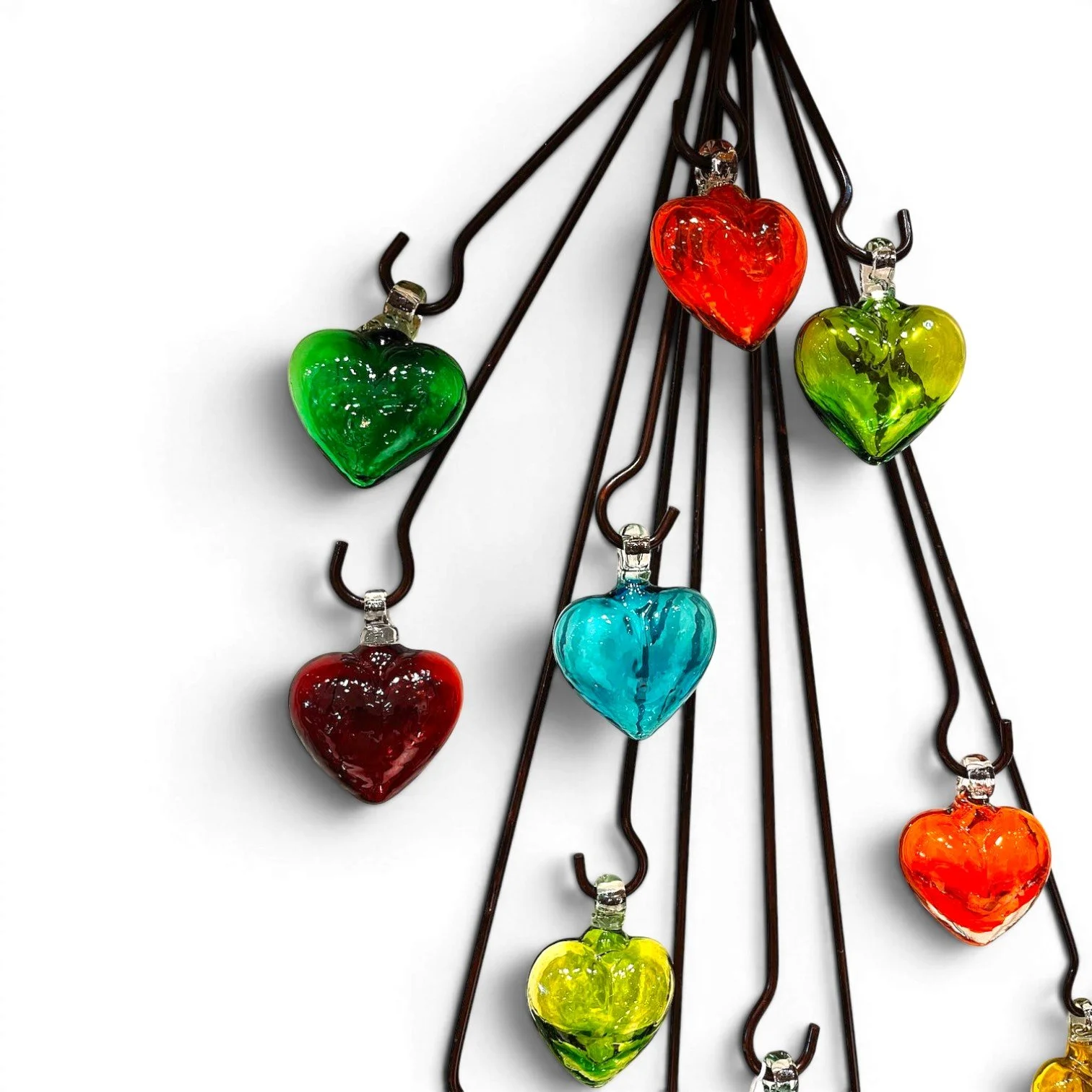 Handmade Ristra Doce Corazones wall hanging from Mexico featuring 12 colorful handblown glass hearts on an iron ristra frame.