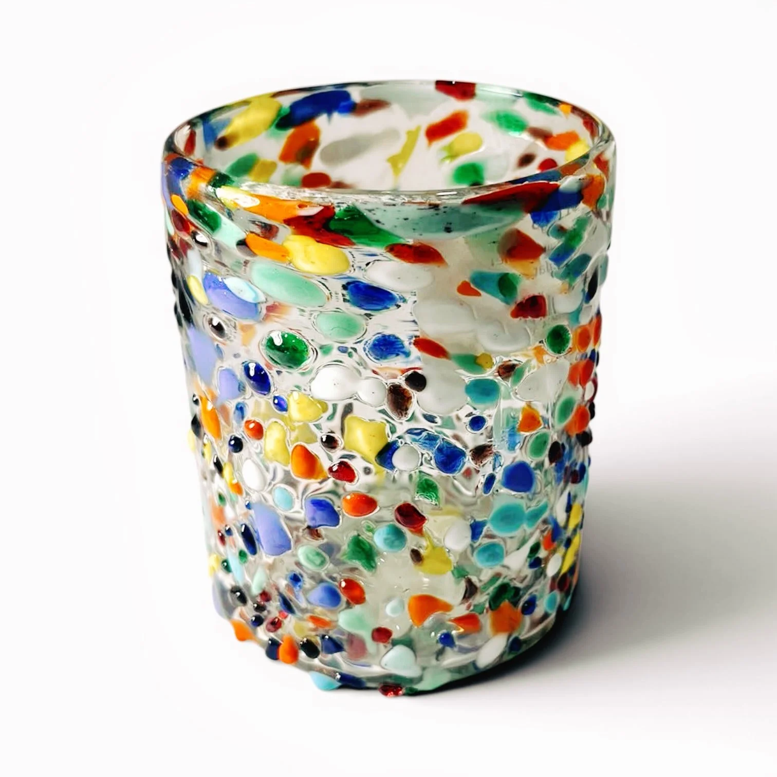 Handblown Mexican Guanajuato confetti glass tumbler with colorful textured artisan finish.