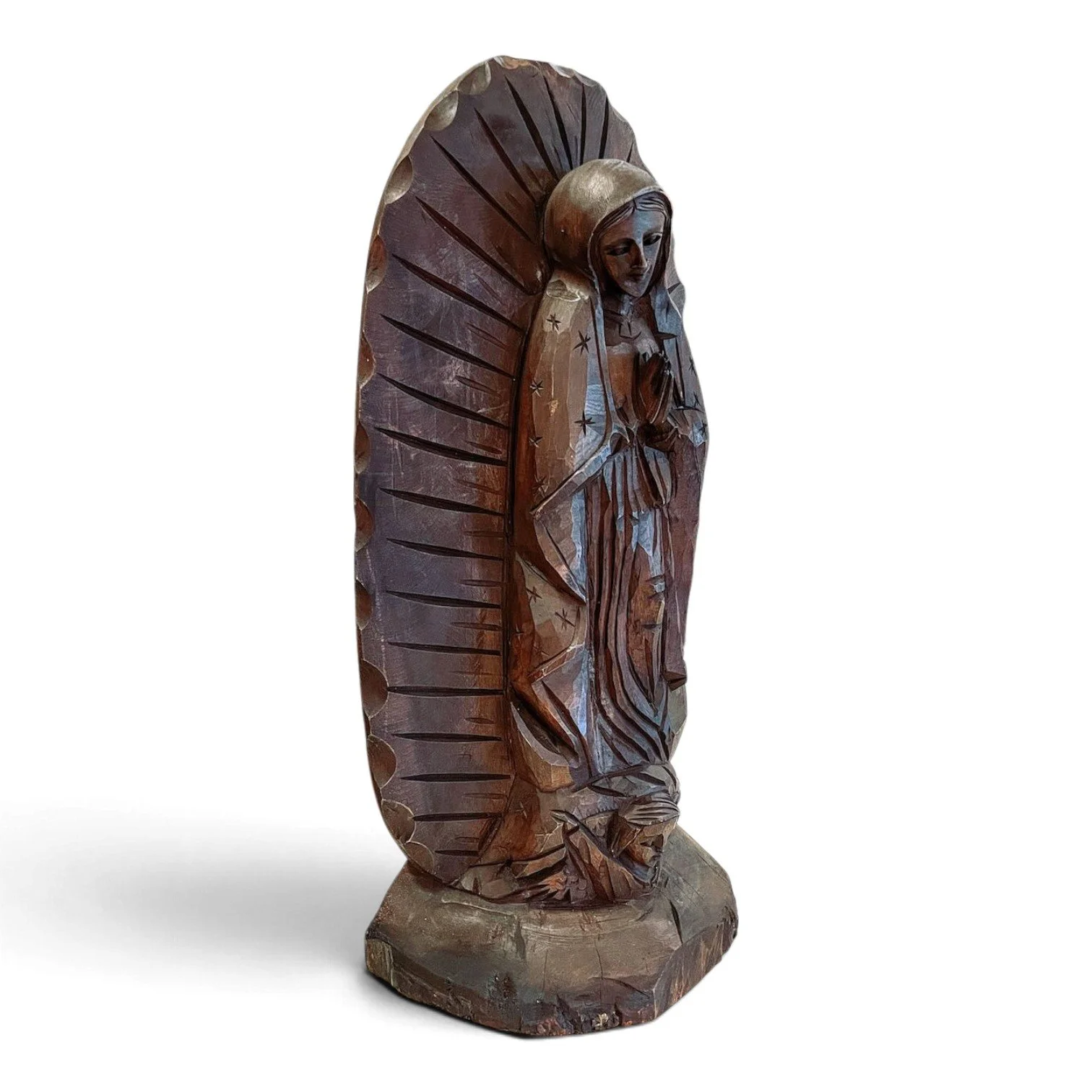 Handmade hand-carved mesquite wood Virgin Mary statue with dark stain finish