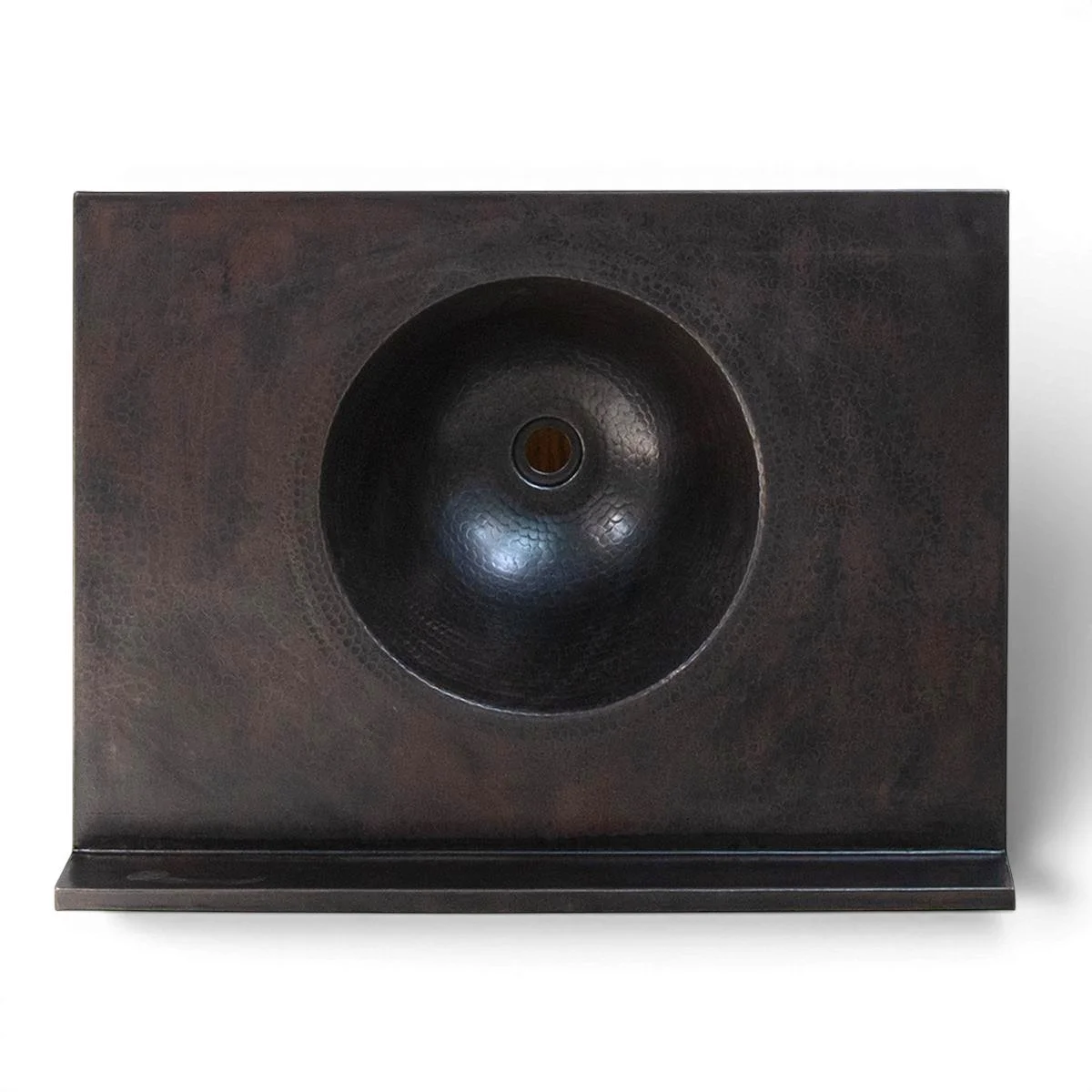 Handmade La Esperanza vanity with black copper sink, carved wood details, iron hardware, drawers, and open shelf storage.