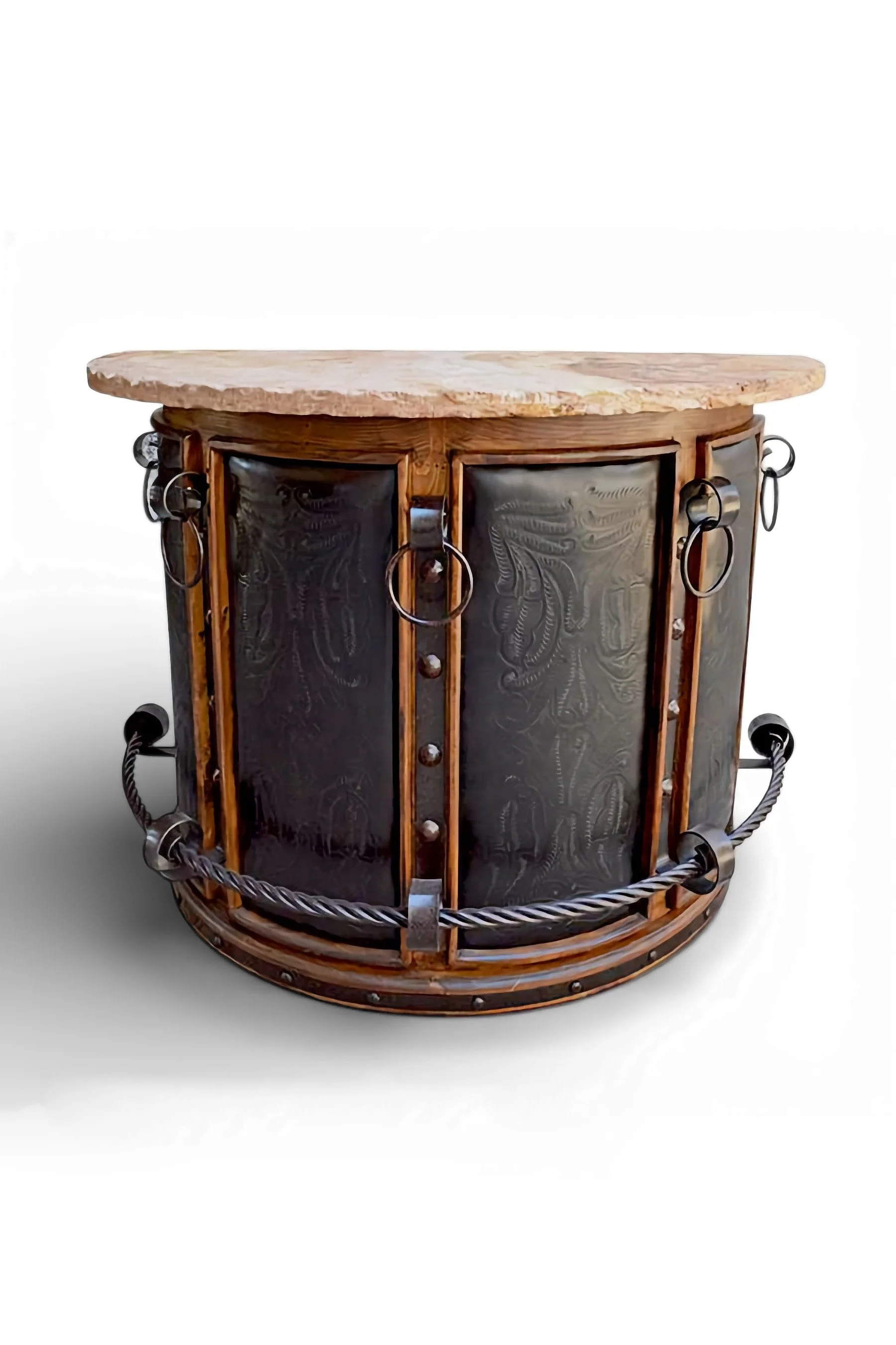 Shop a handmade stone top bar with tooled leather panel from Mexico. Rustic wood bar with storage and iron accents for elegant entertaining.