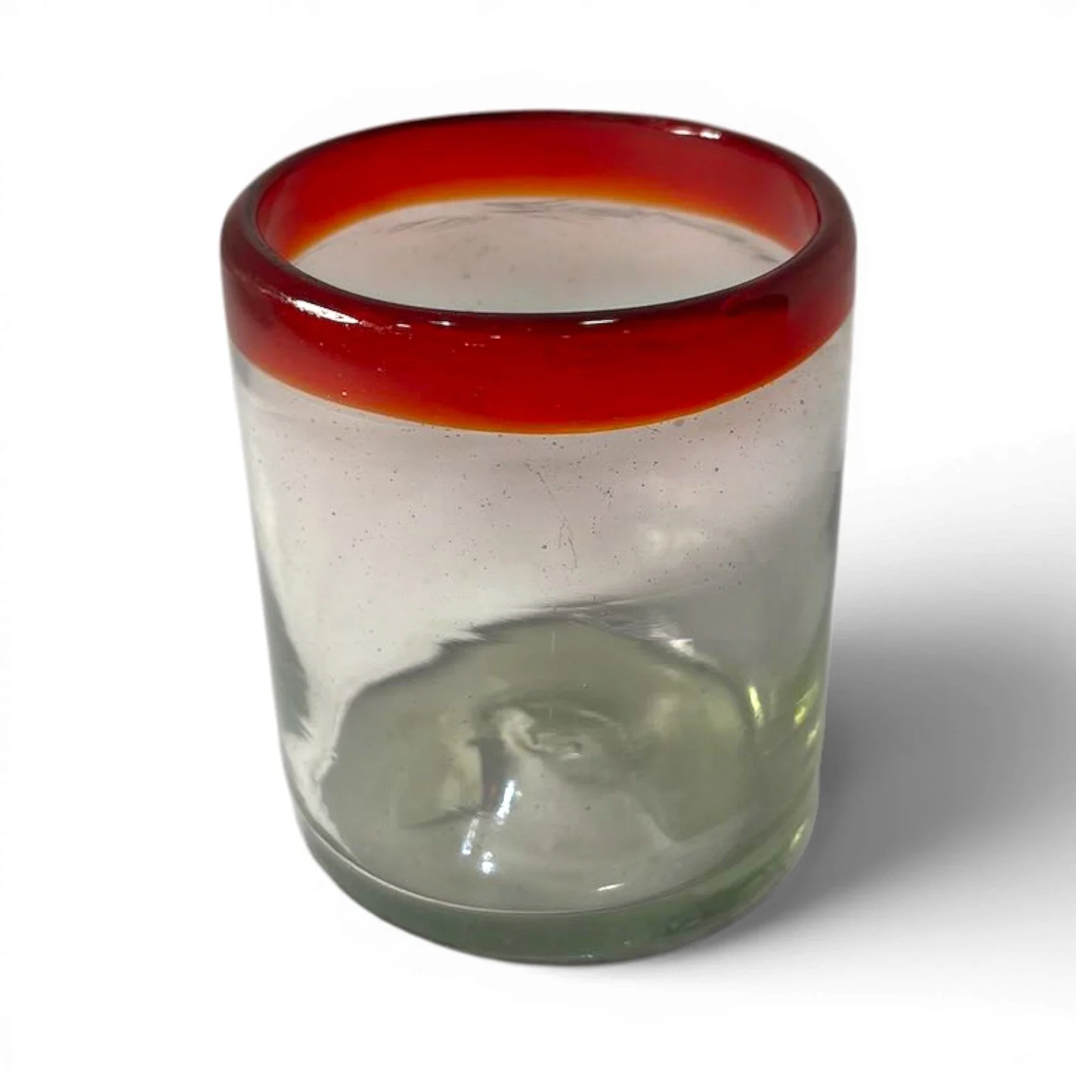 Handmade Mexican Cantina short glass with traditional red rim and handblown artisan craftsmanship.