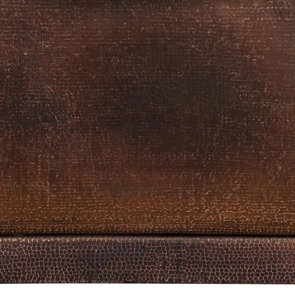Handmade Hacienda 67-inch hammered copper rectangular bathtub with integrated towel bars and oil rubbed bronze finish.