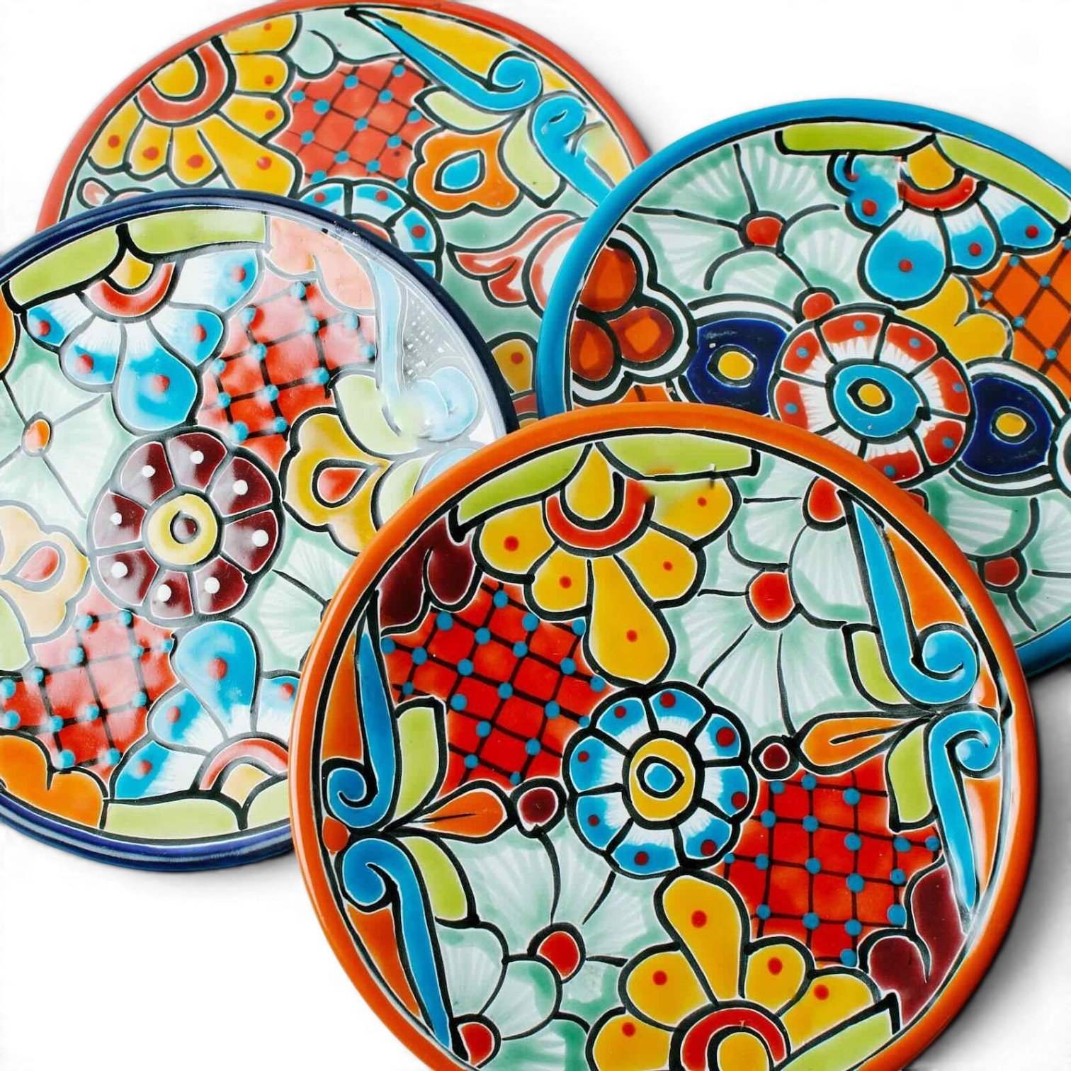 Handmade Mexican Talavera 8-inch dinner plate with colorful hand-painted design and assorted rim colors