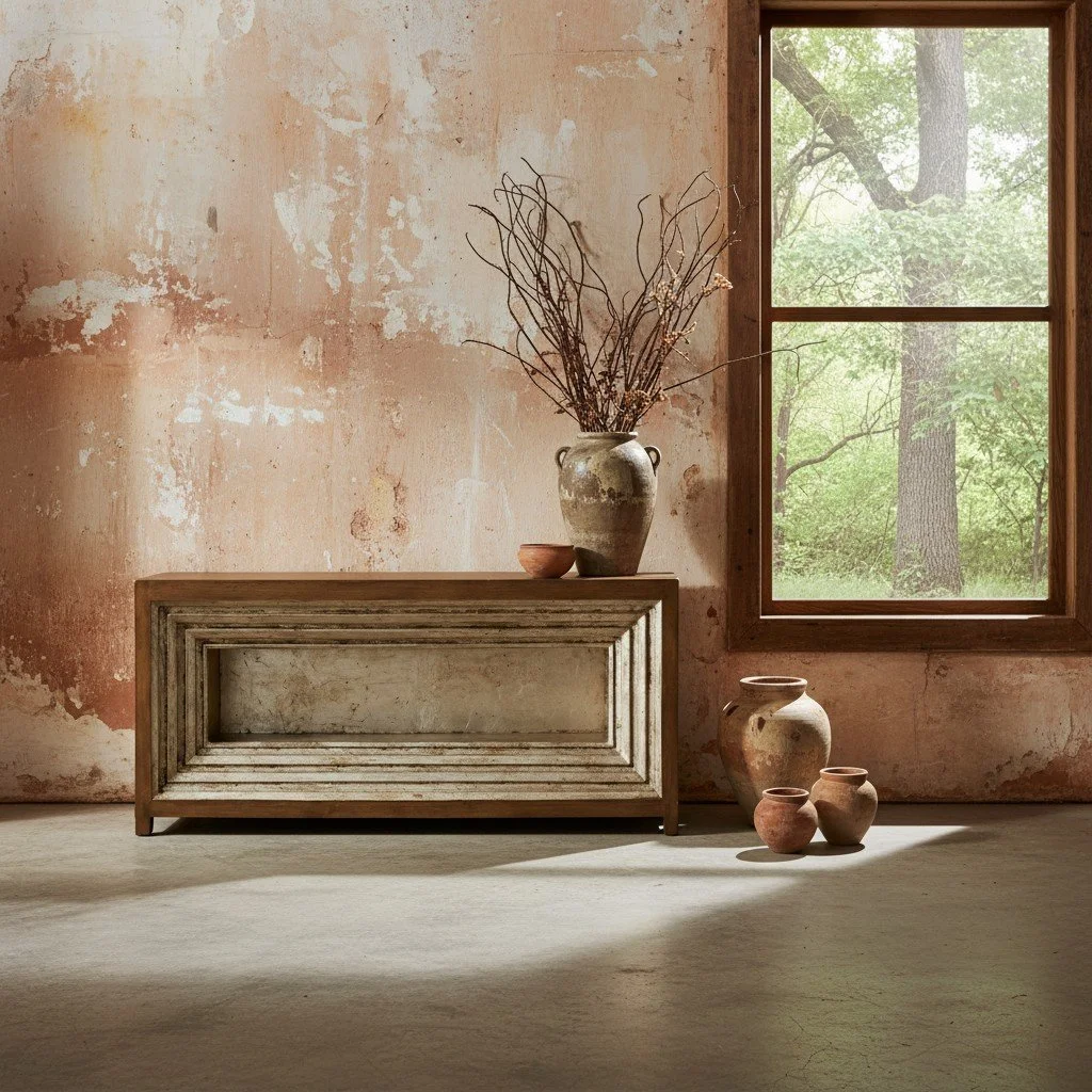 Handmade wood console table with silver-copper metallic detailing