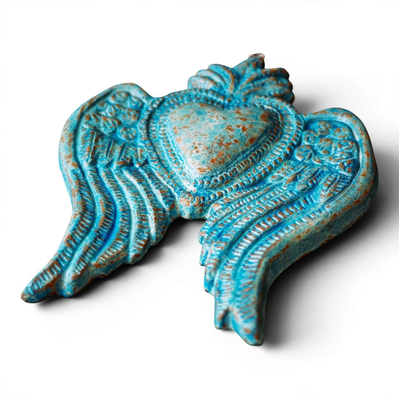 Handmade Mexican distressed blue clay heart with wings wall décor